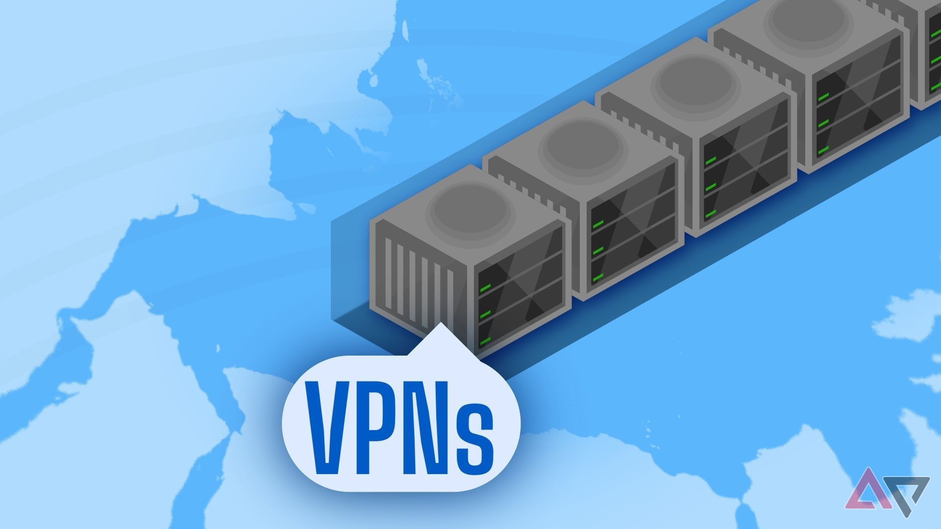 cartoon of vpn servers with the VPN label in a chat bubble pasted on a light and medium blue background