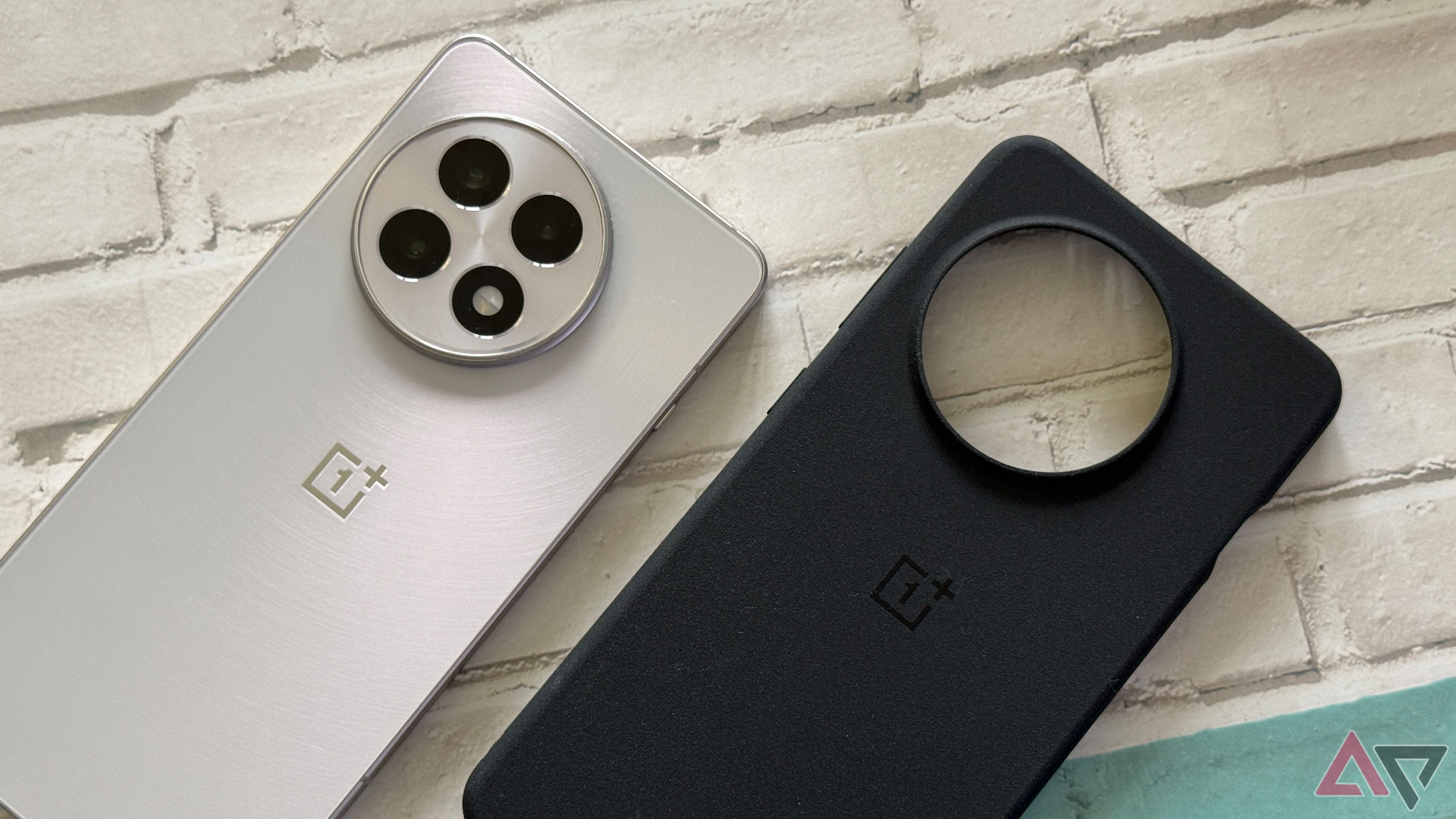 OnePlus 13R next to a sandstone case