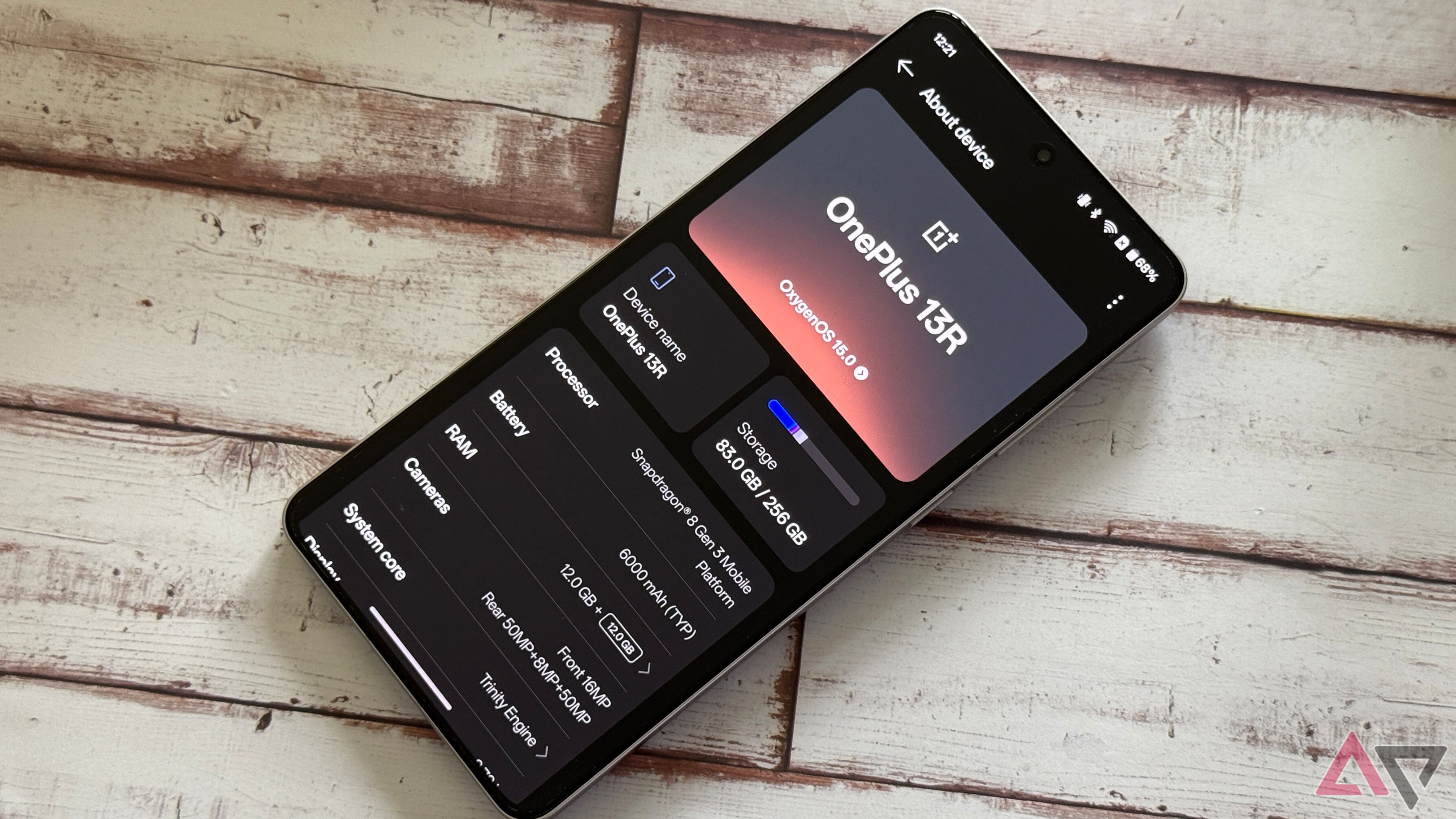 OnePlus 13R settings menu displaying specs