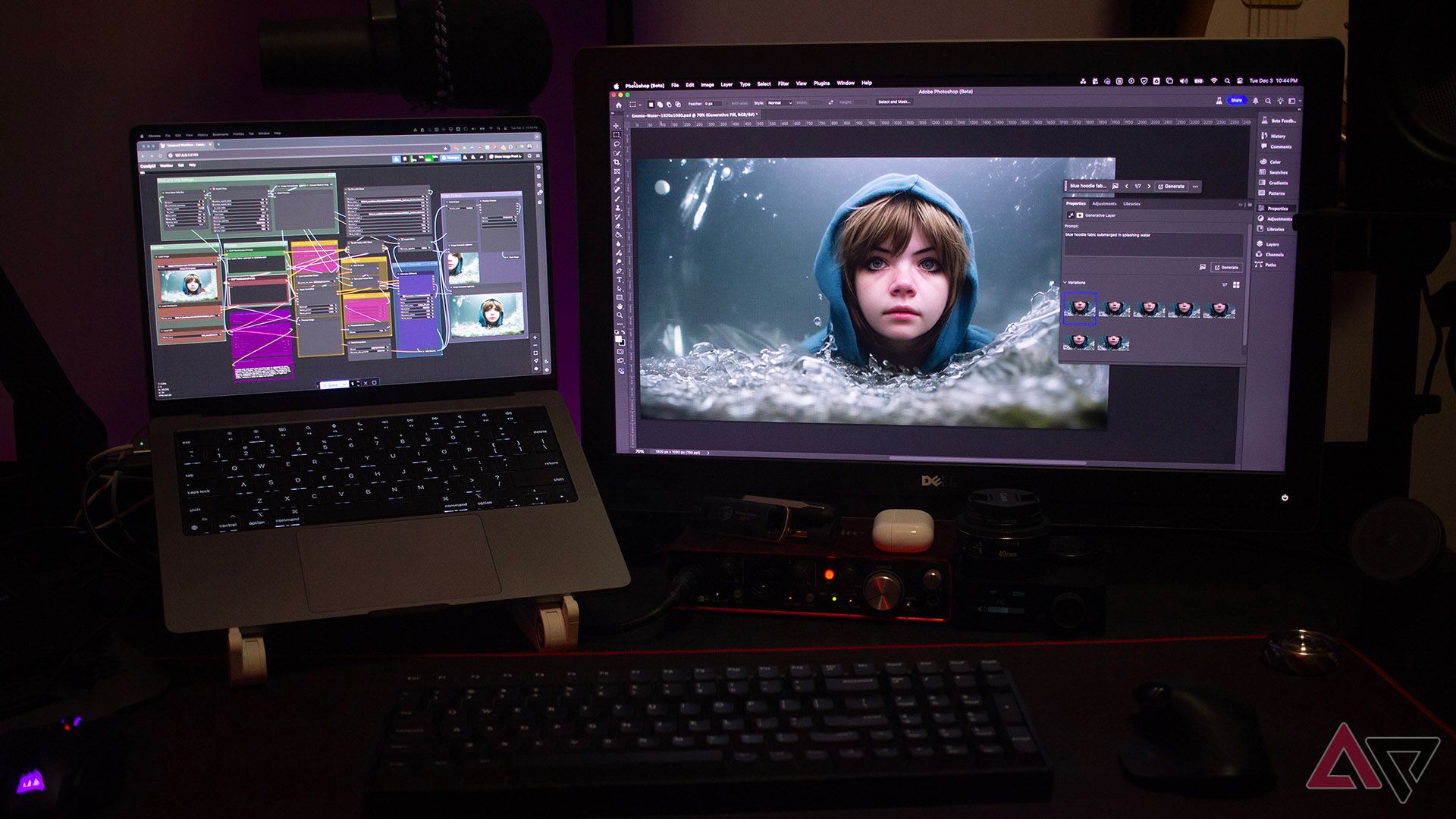 Adobe Photoshop and ComfyUI displayed side-by-side on a MacBook Pro and an external computer monitor
