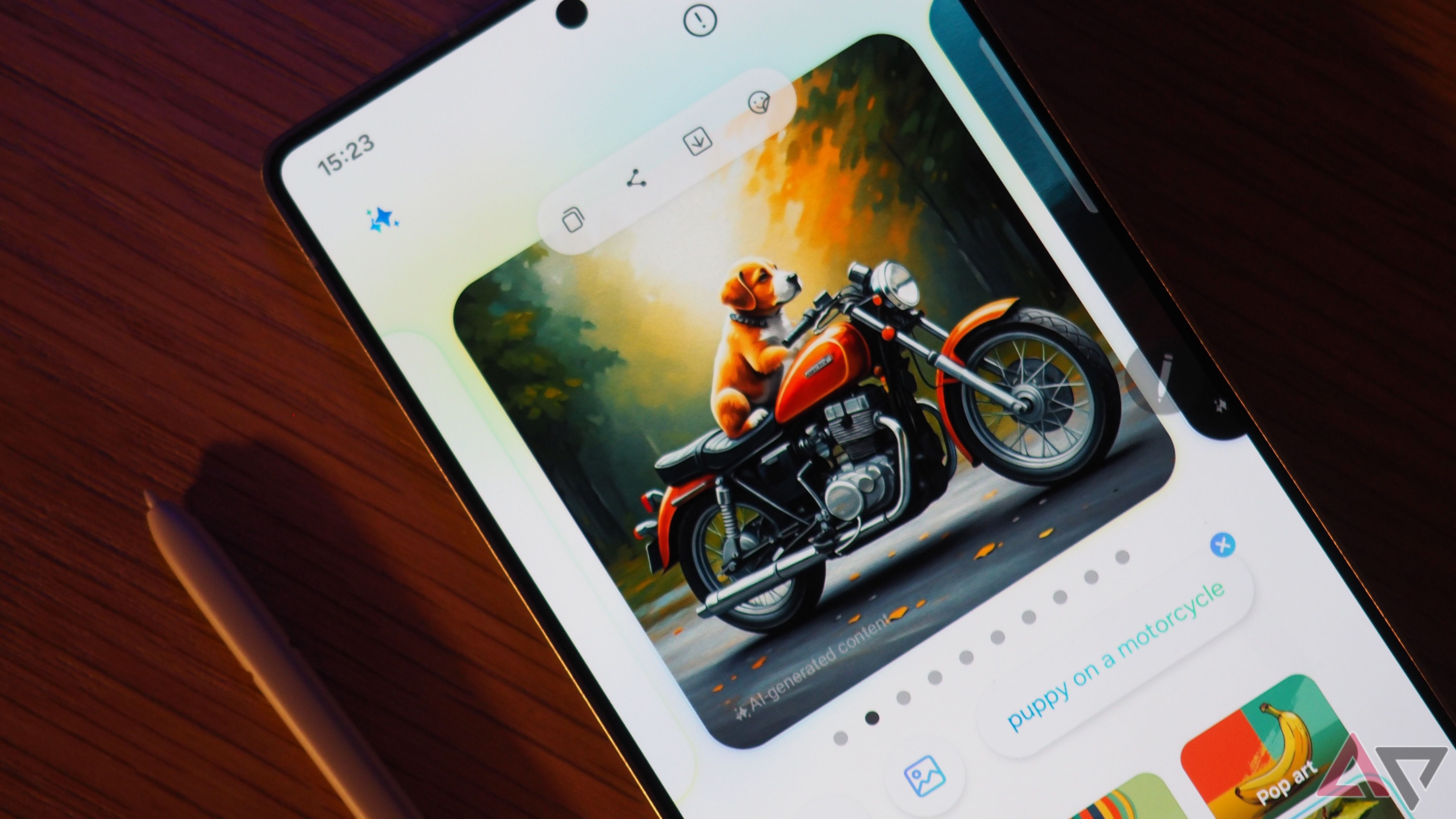 Samsung Galaxy S25 Ultra displaying an AI generation photo of a dog sitting on a motorcycle