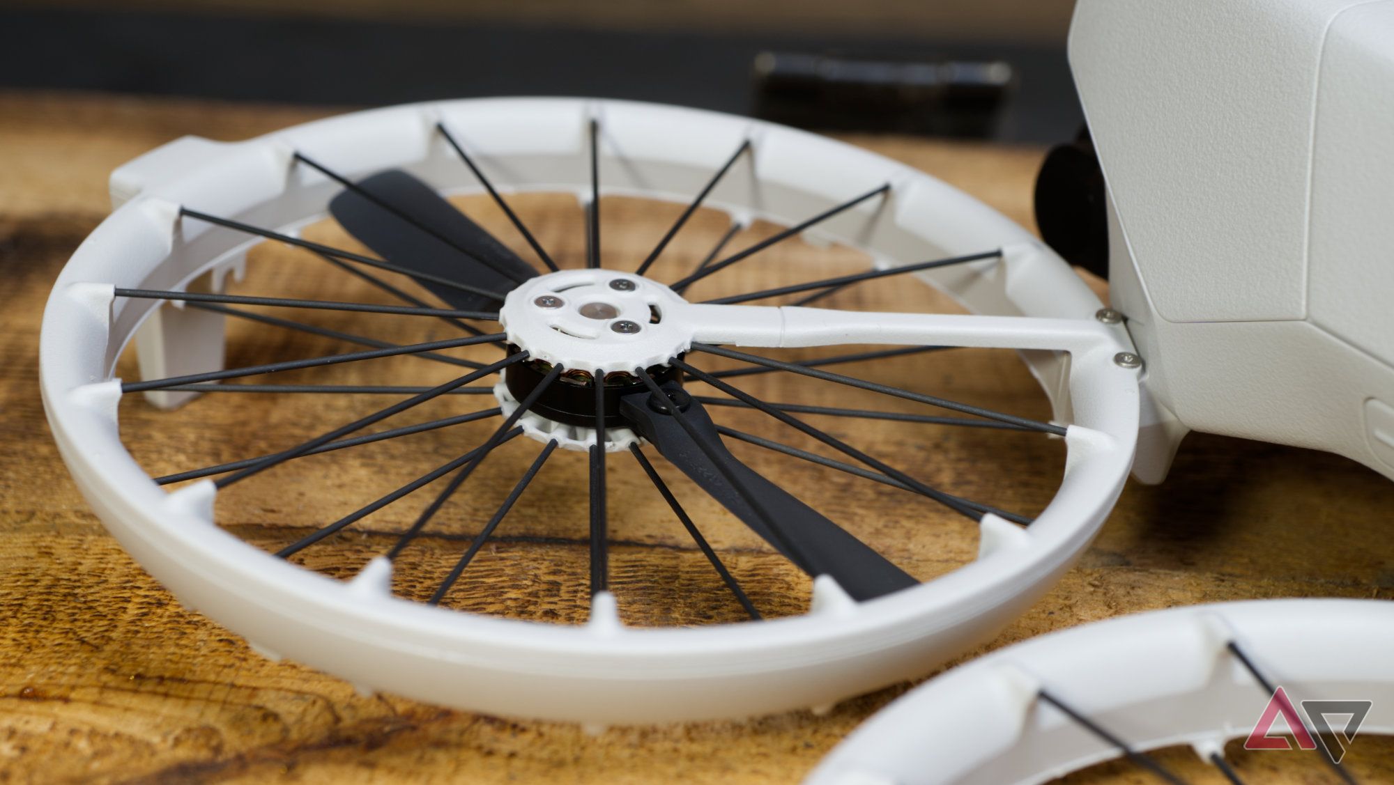 Close up of DJI Flip wing with the spokes of the prop guard