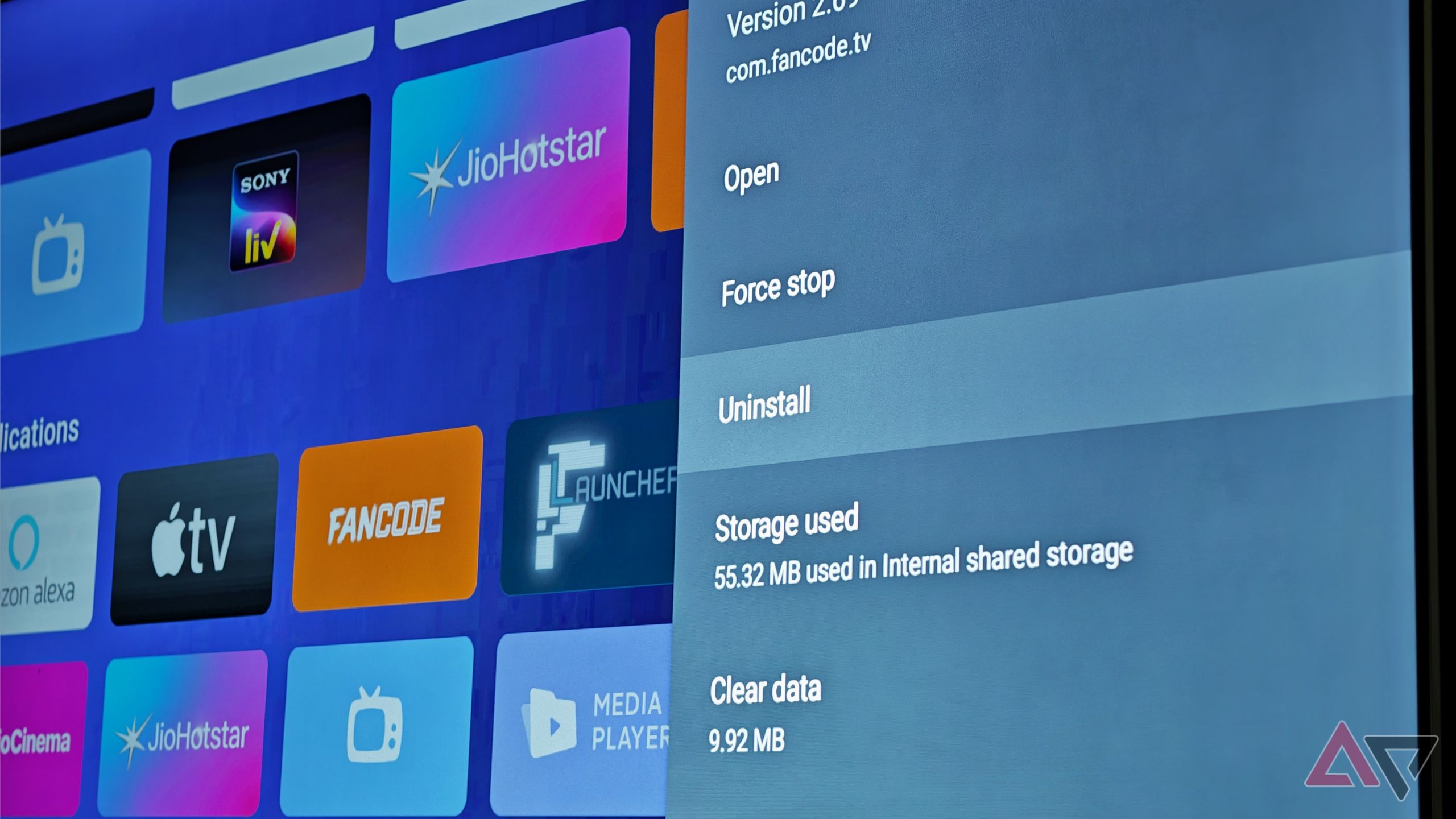 App info screen on Android TV with uninstall option selected