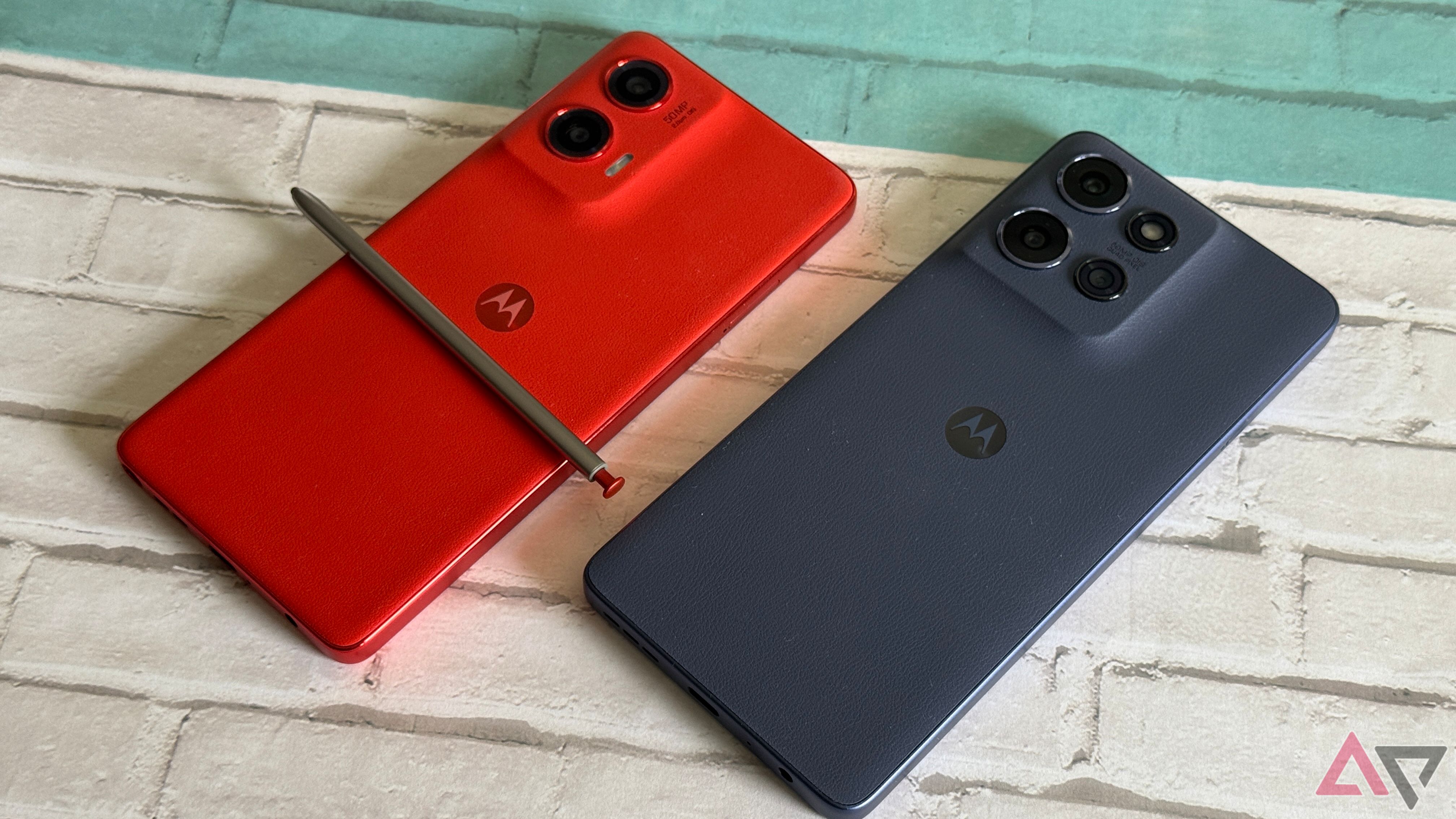 Moto G Stylus 2024 sitting next to a Moto G Power 2025