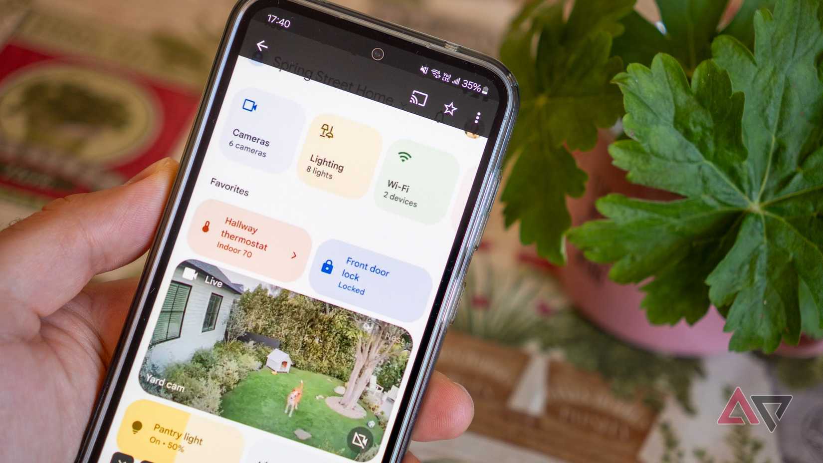 a phone in hand displaying a smart home dashboard next to a plant