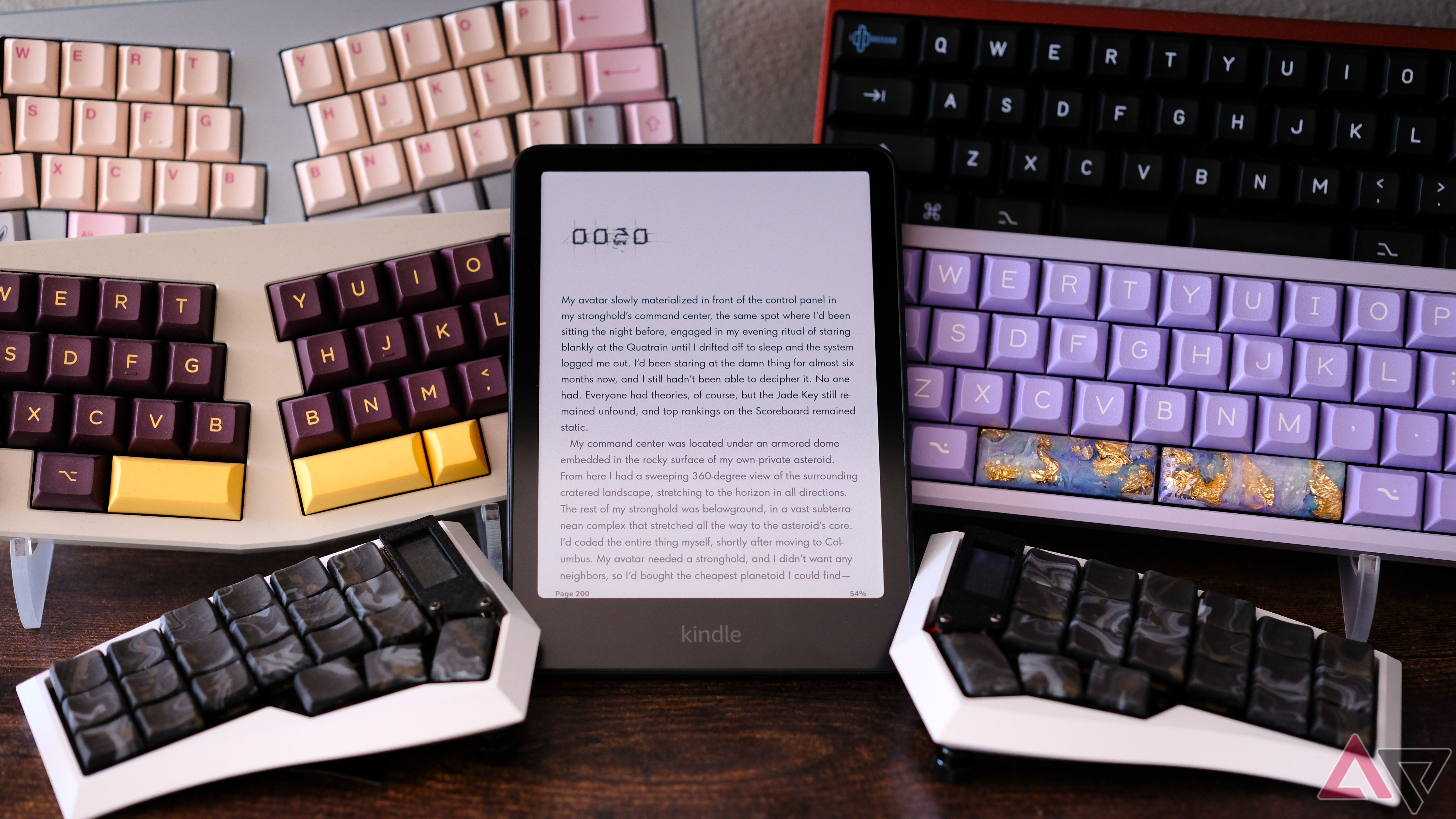 Kindle Colorsoft propped against keyboard display