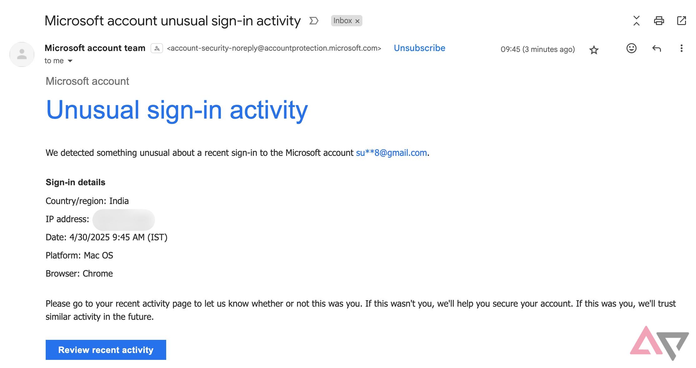 Microsoft unusual activity email