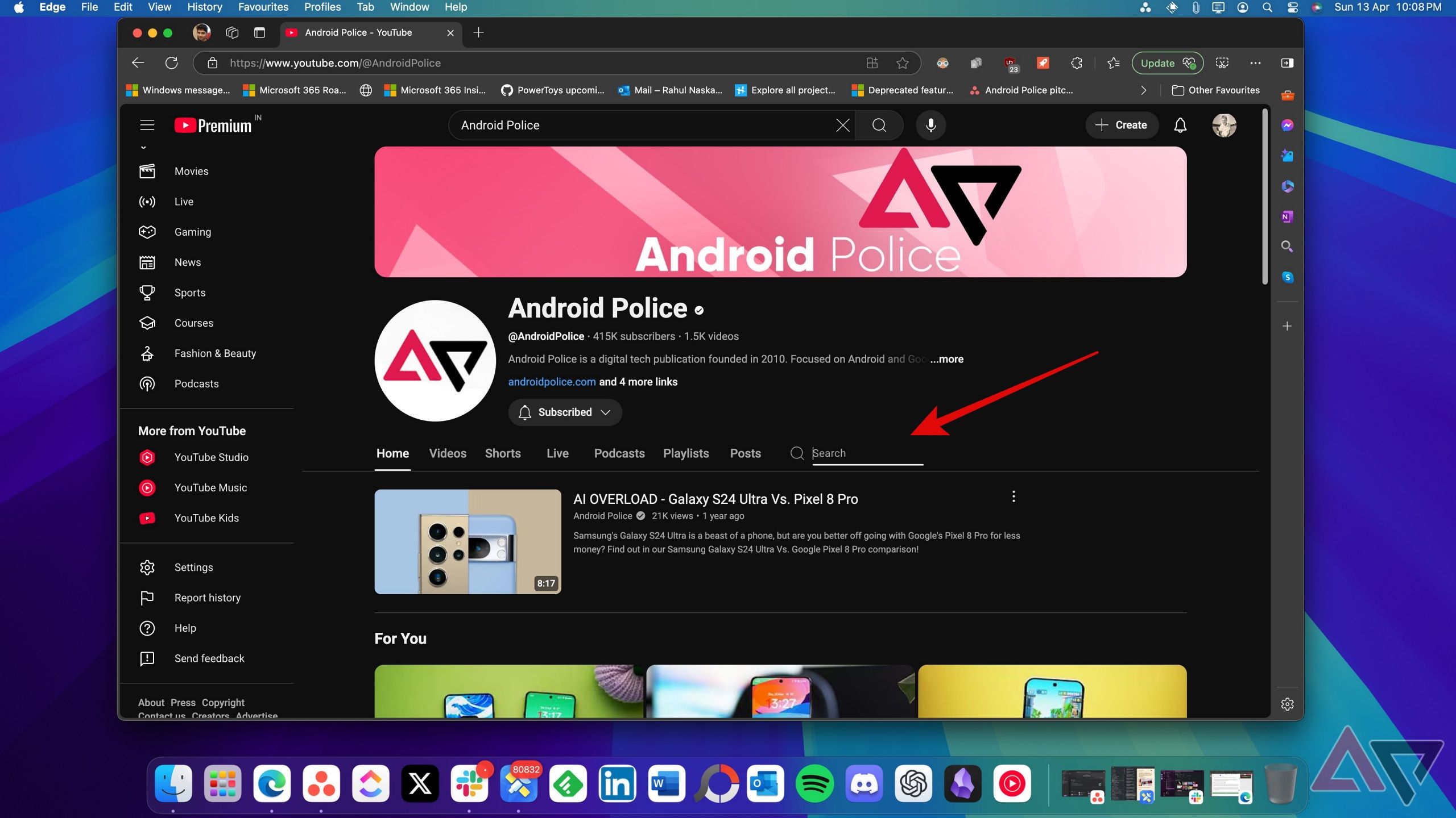 Screenshot showing the search option on Android Police YouTube page