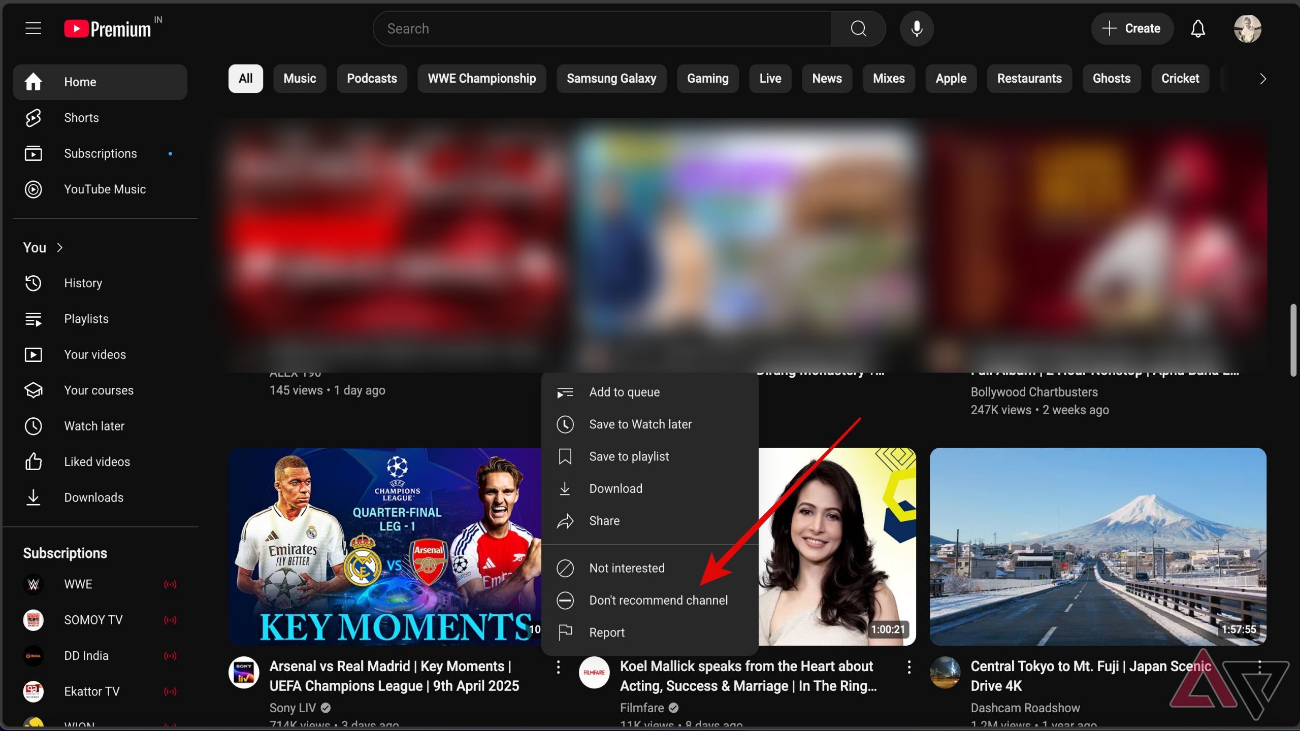 Screenshot showing don't recommend channel option on YouTube