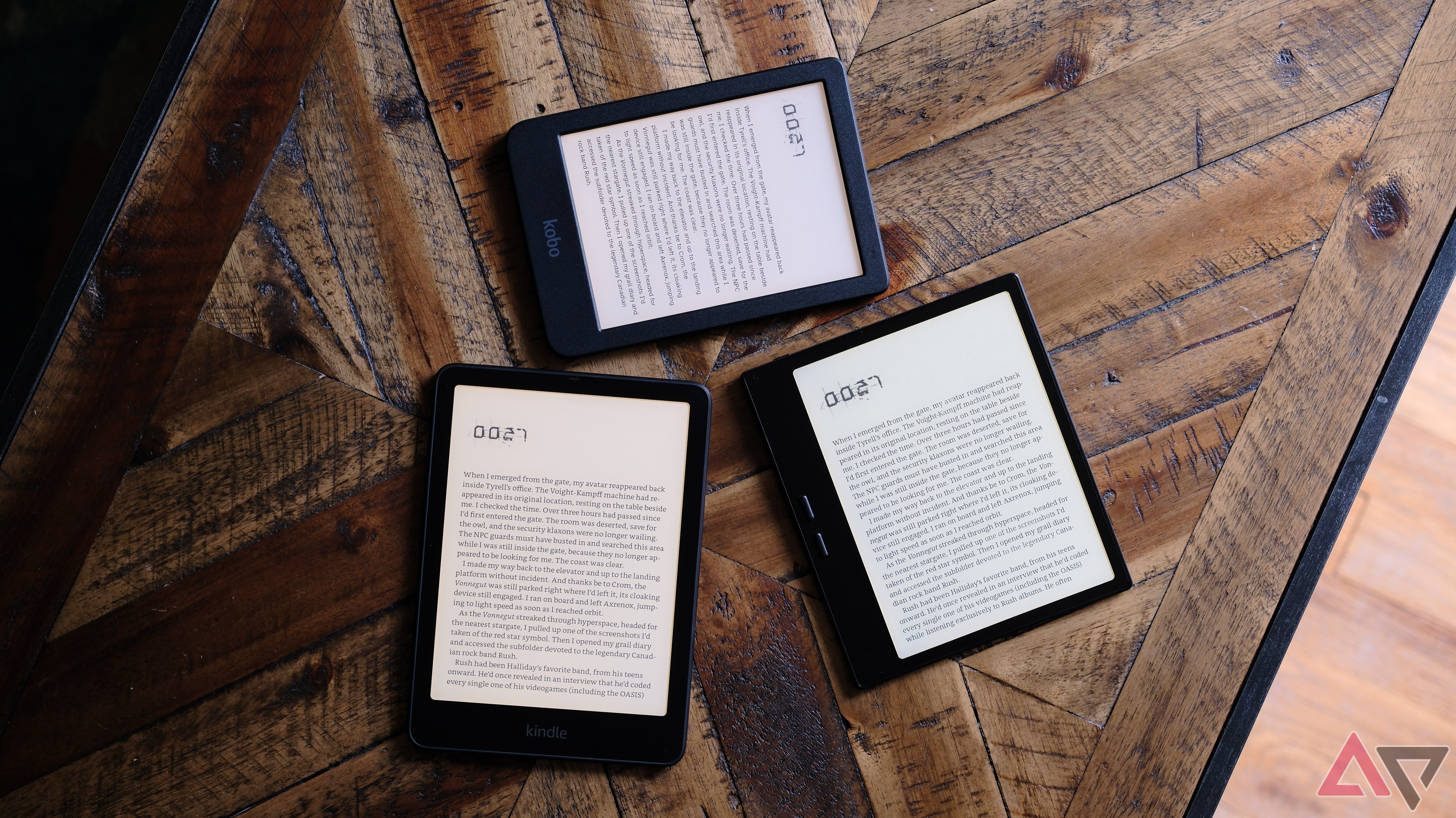 Boox Go 7, Kobo Clara BW, and Kindle Paperwhite comaring carta 1300 screens with all lights on