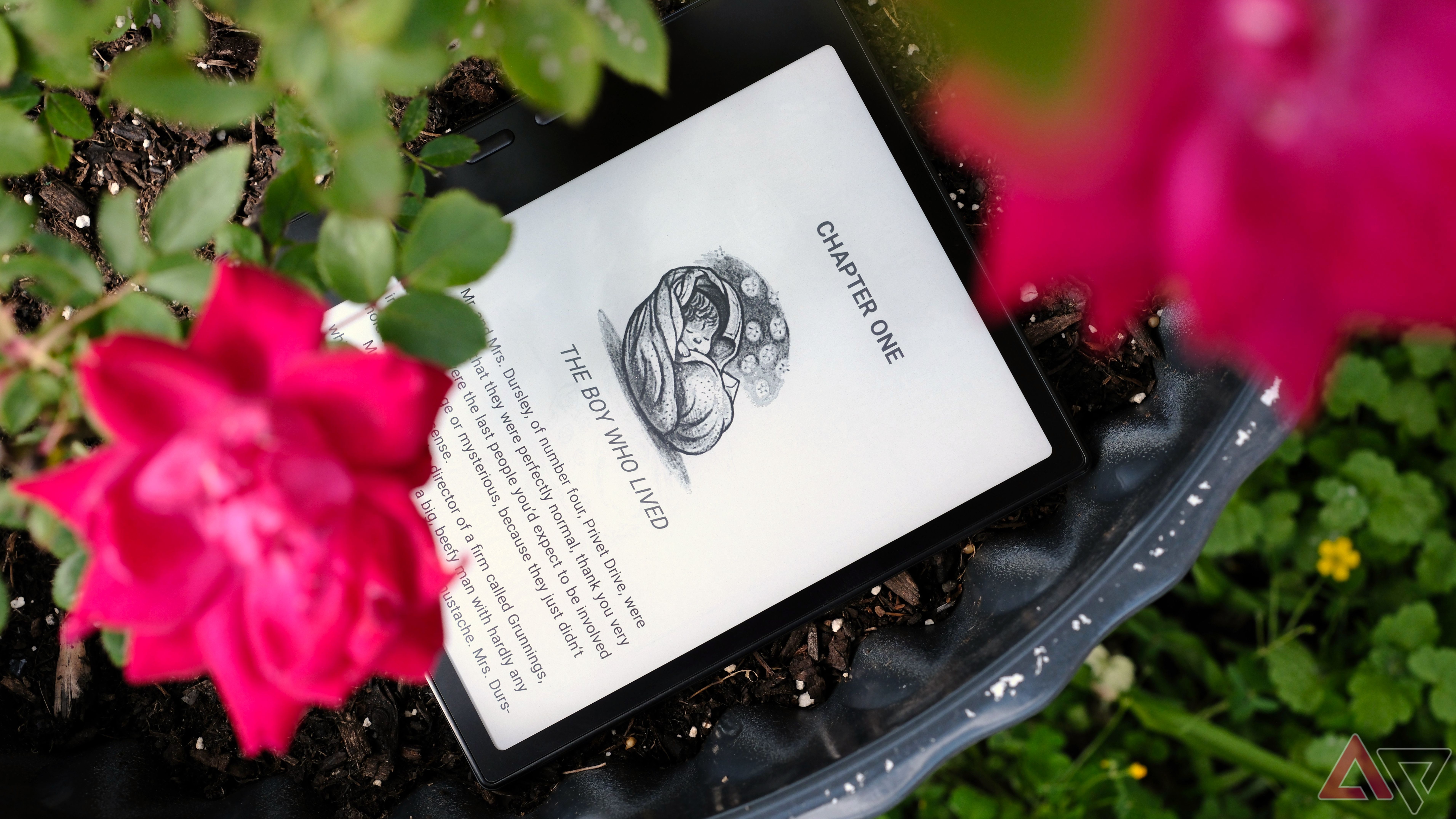 Boodx Go 7 laying in pot with flowers above showing Harry Potter first chapter on screen