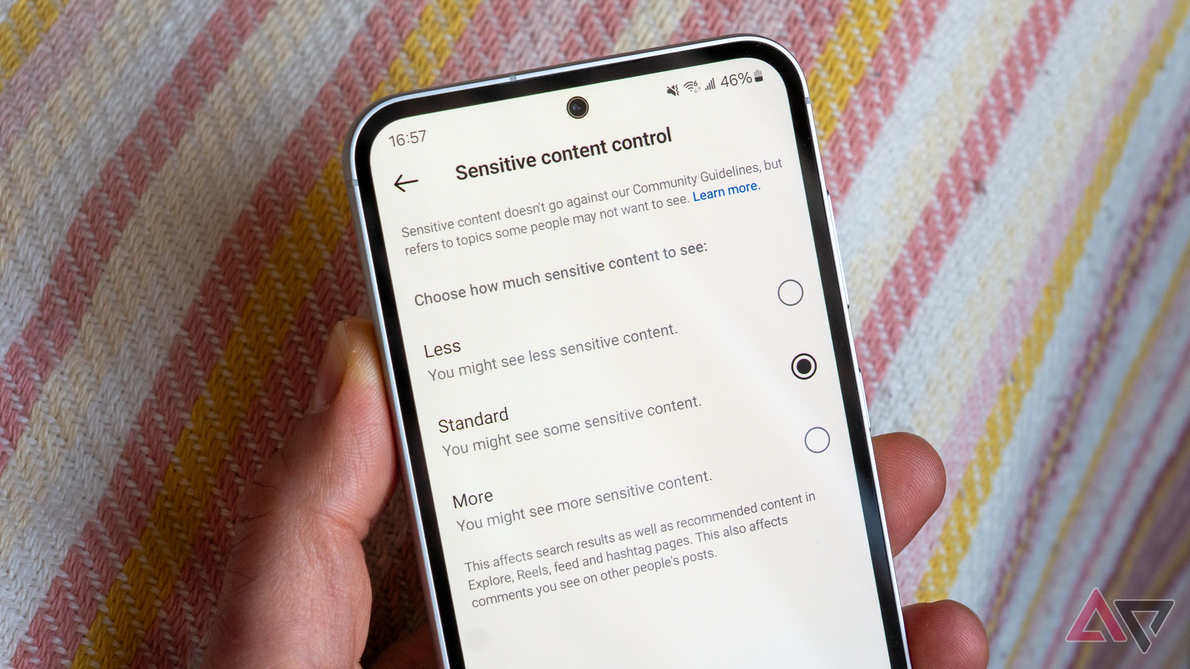 a phone in hand displaying a selection of content filtering options