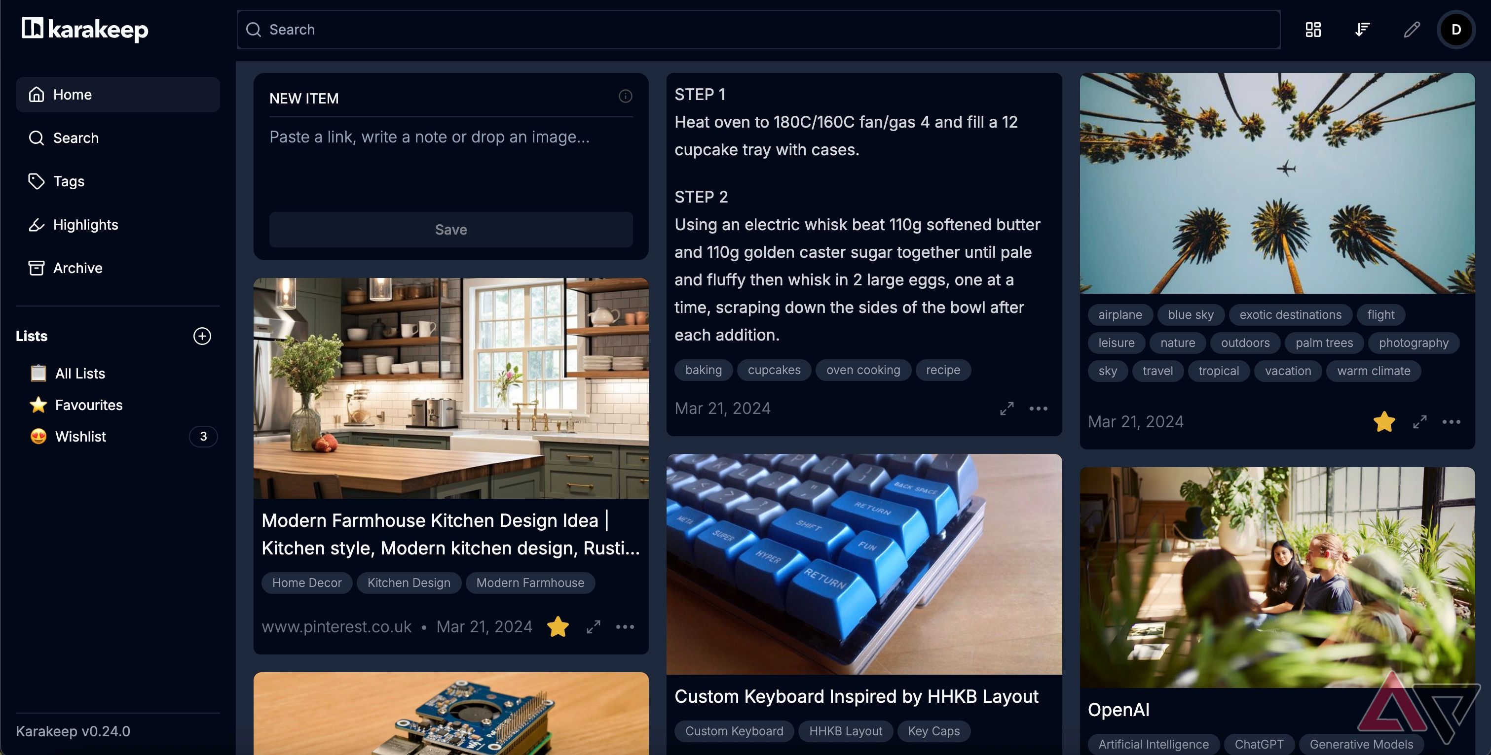 Karakeep home page UI