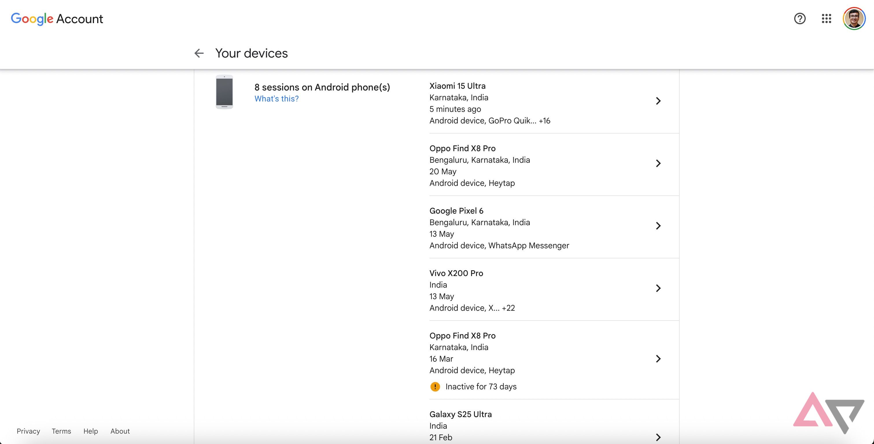 List of devices logged in