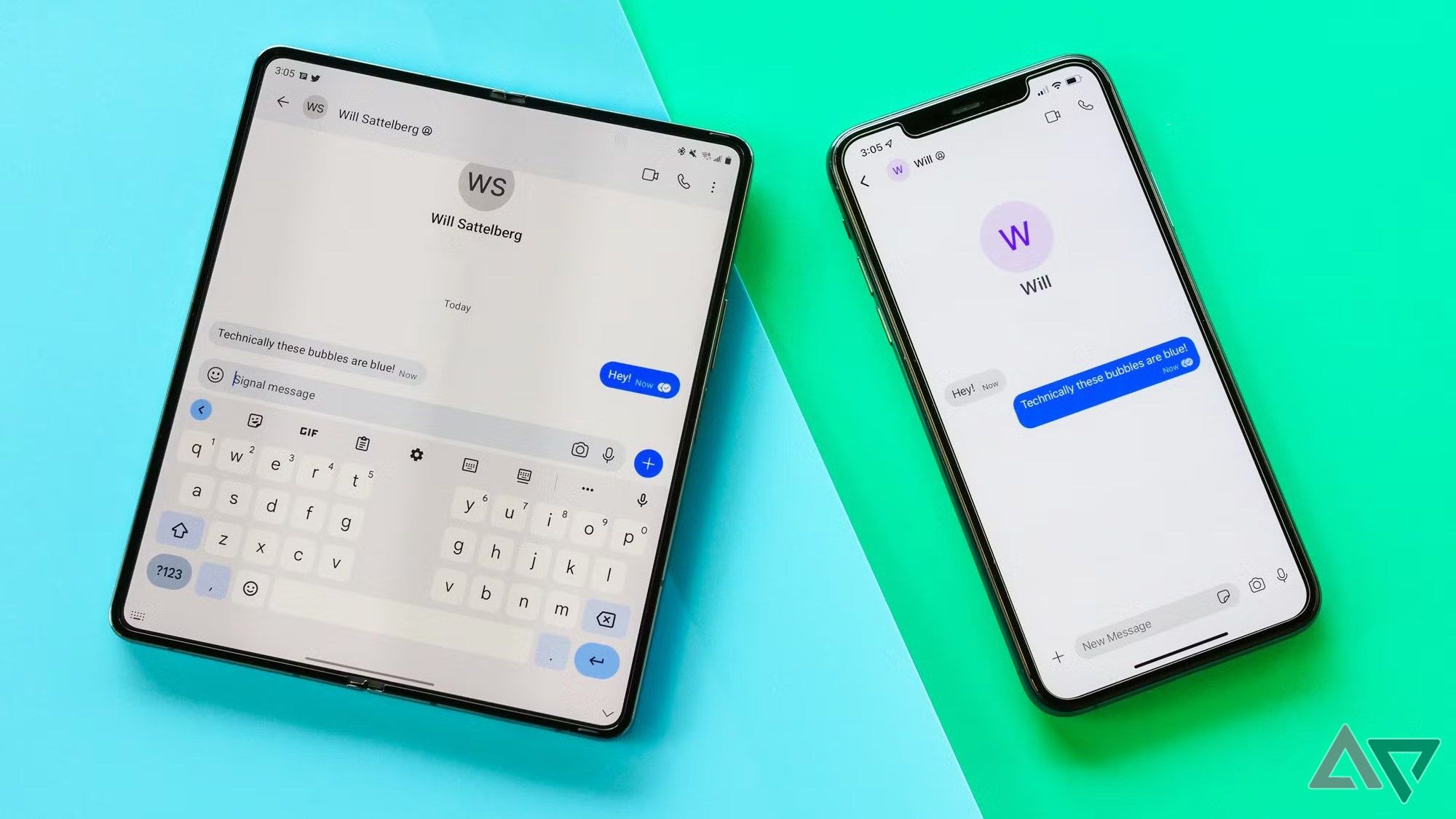 An iPhone and Android phone communicating via RCS messaging.