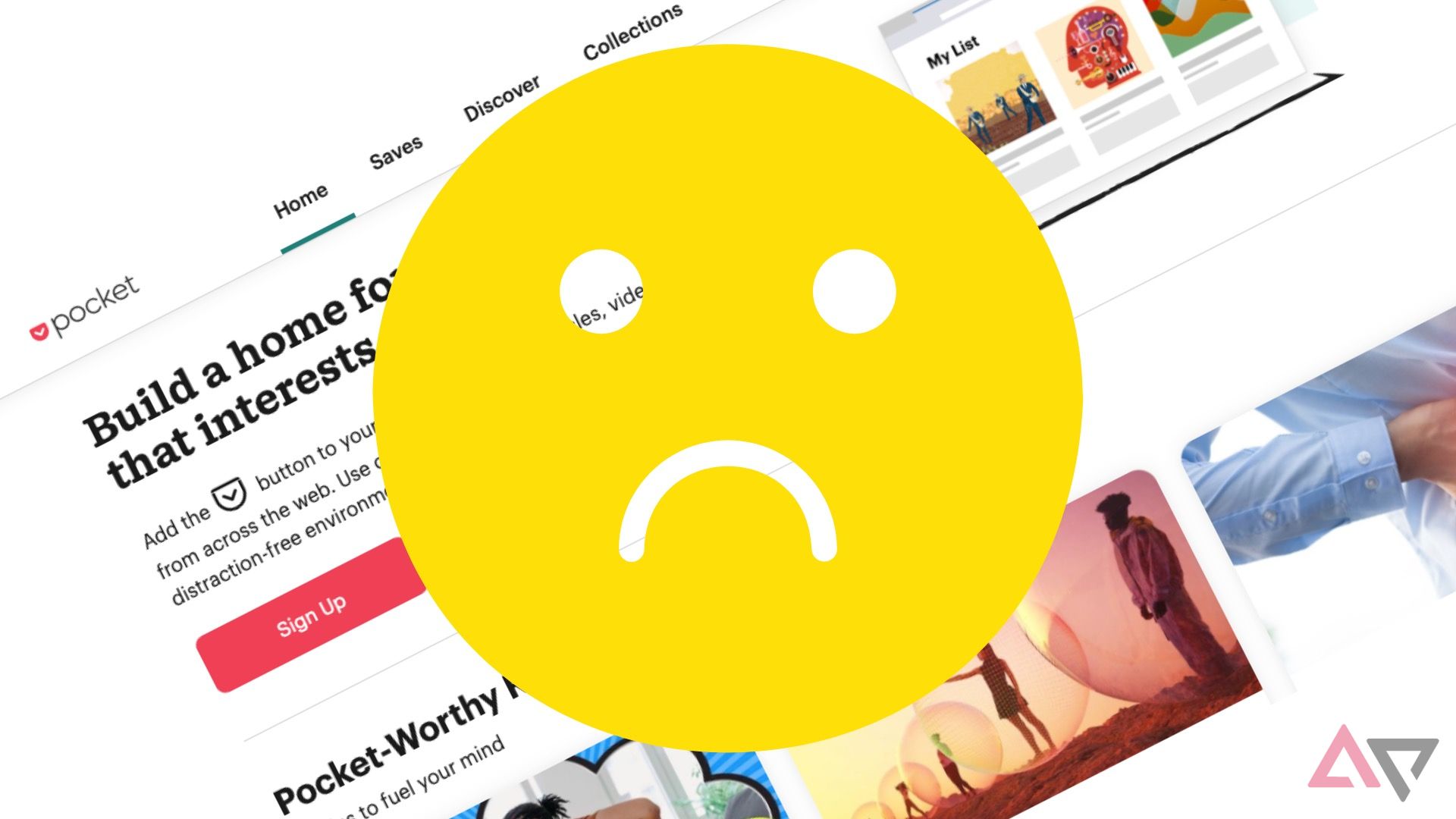 A screenshot of Pocket's web page with a large yellow sad face emoji on top of it.
