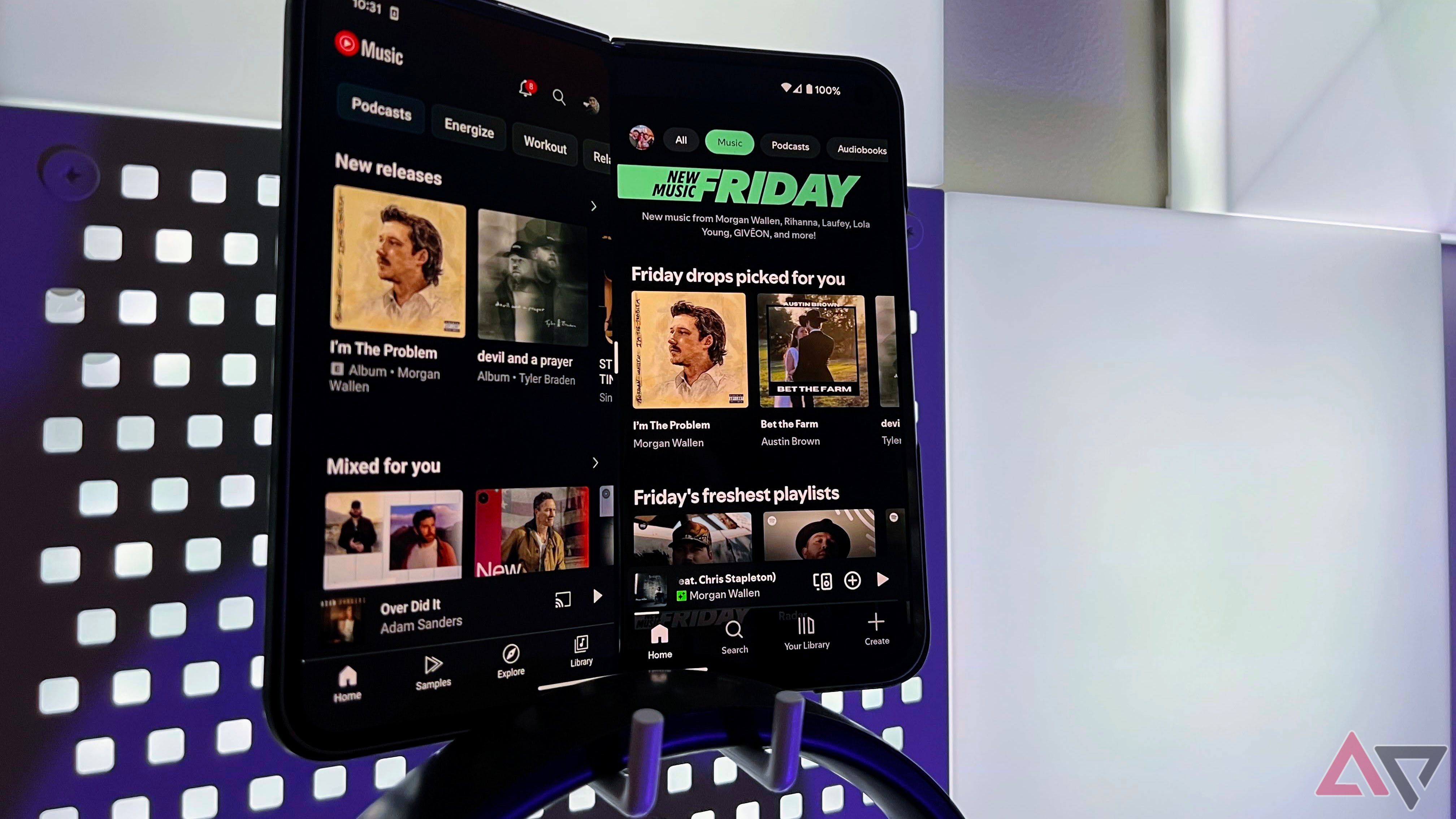 YouTube Music and Spotify on Google Pixel 9 Pro fold
