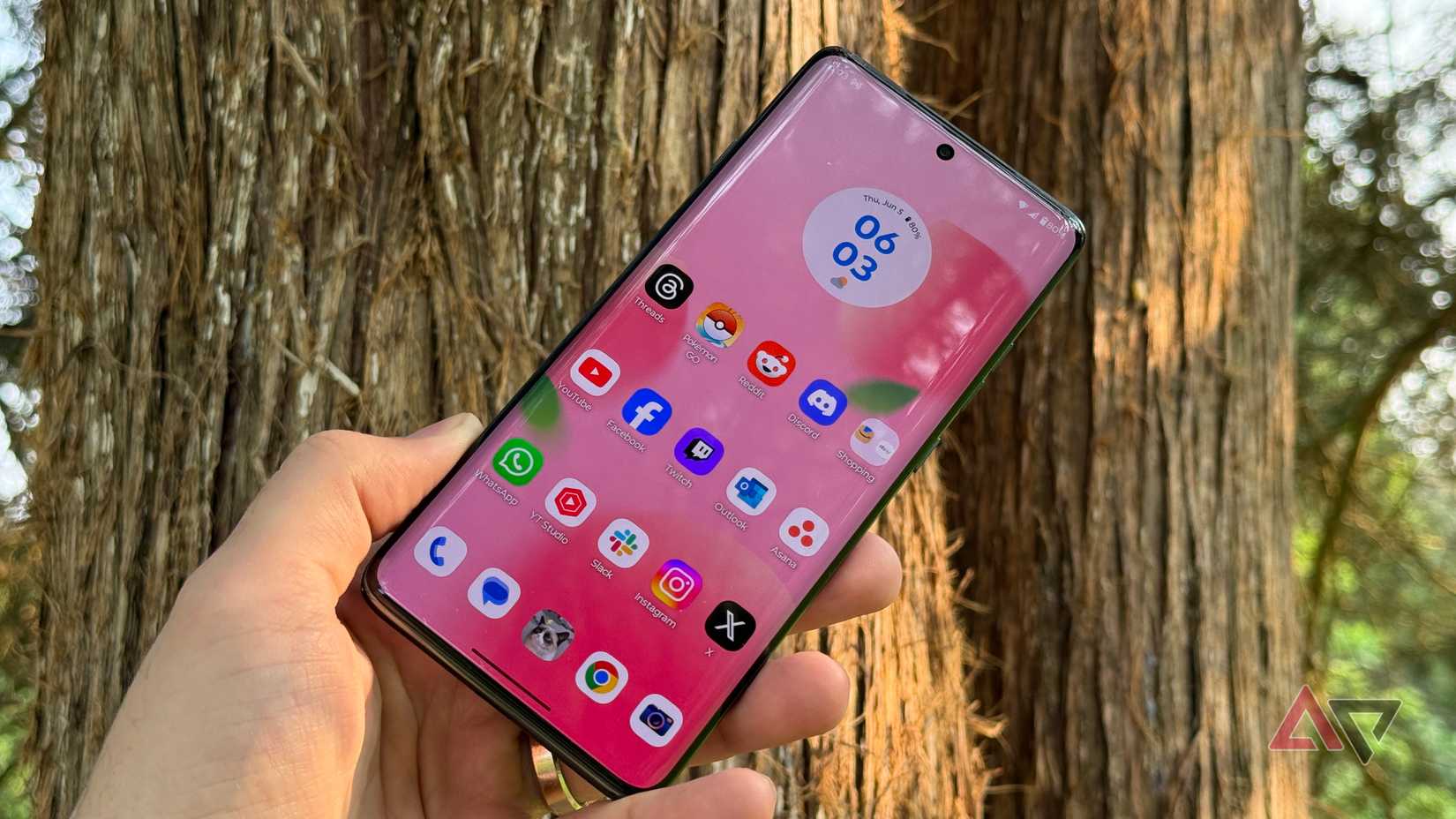 Motorola Edge 2025 display outdoors against a tree