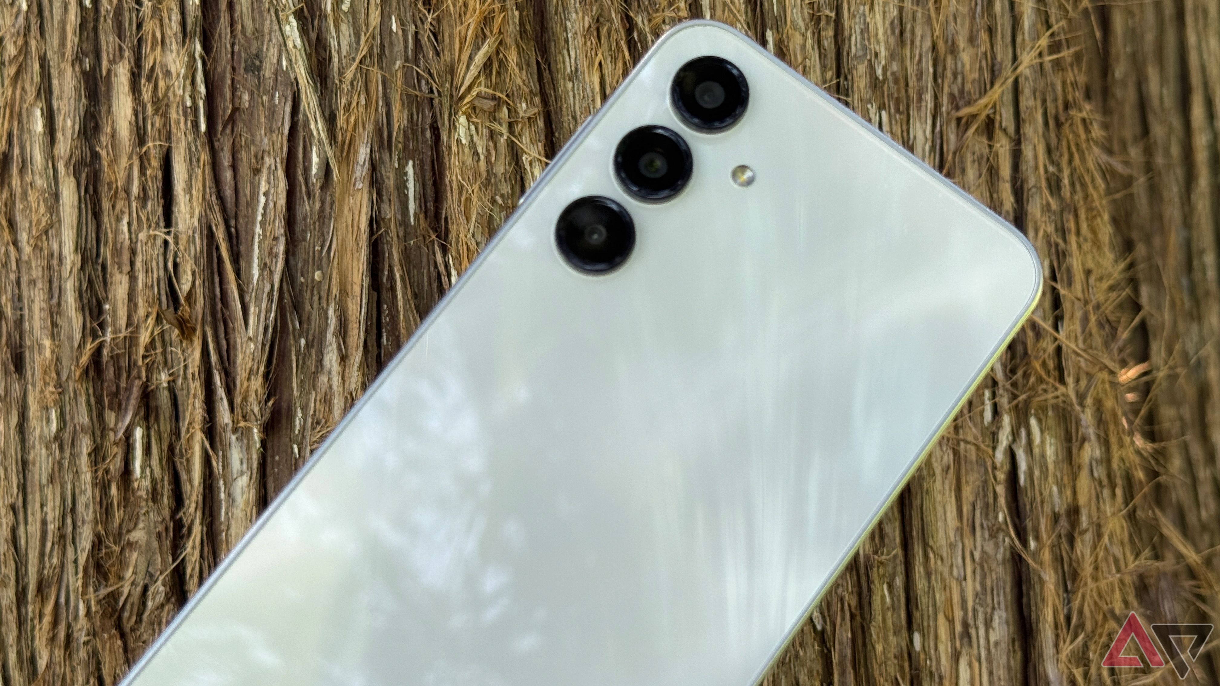 Samsung Galaxy A16 back showing against tree background