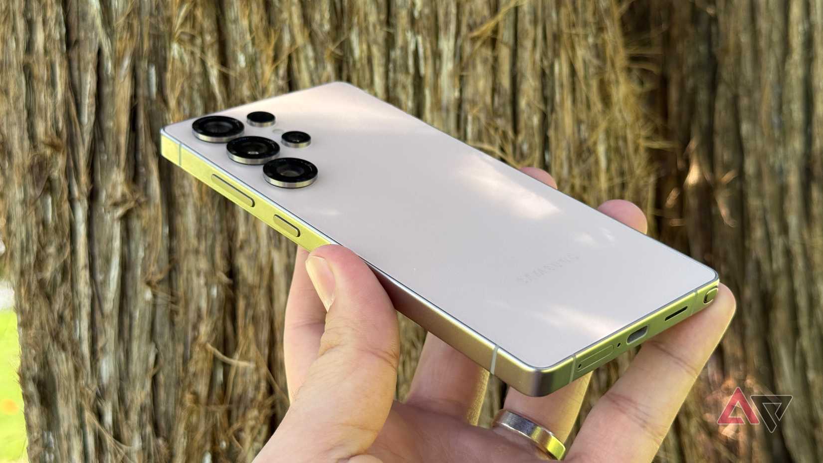 Titanium frame of the Samsung Galaxy S25 Ultra shown outdoors