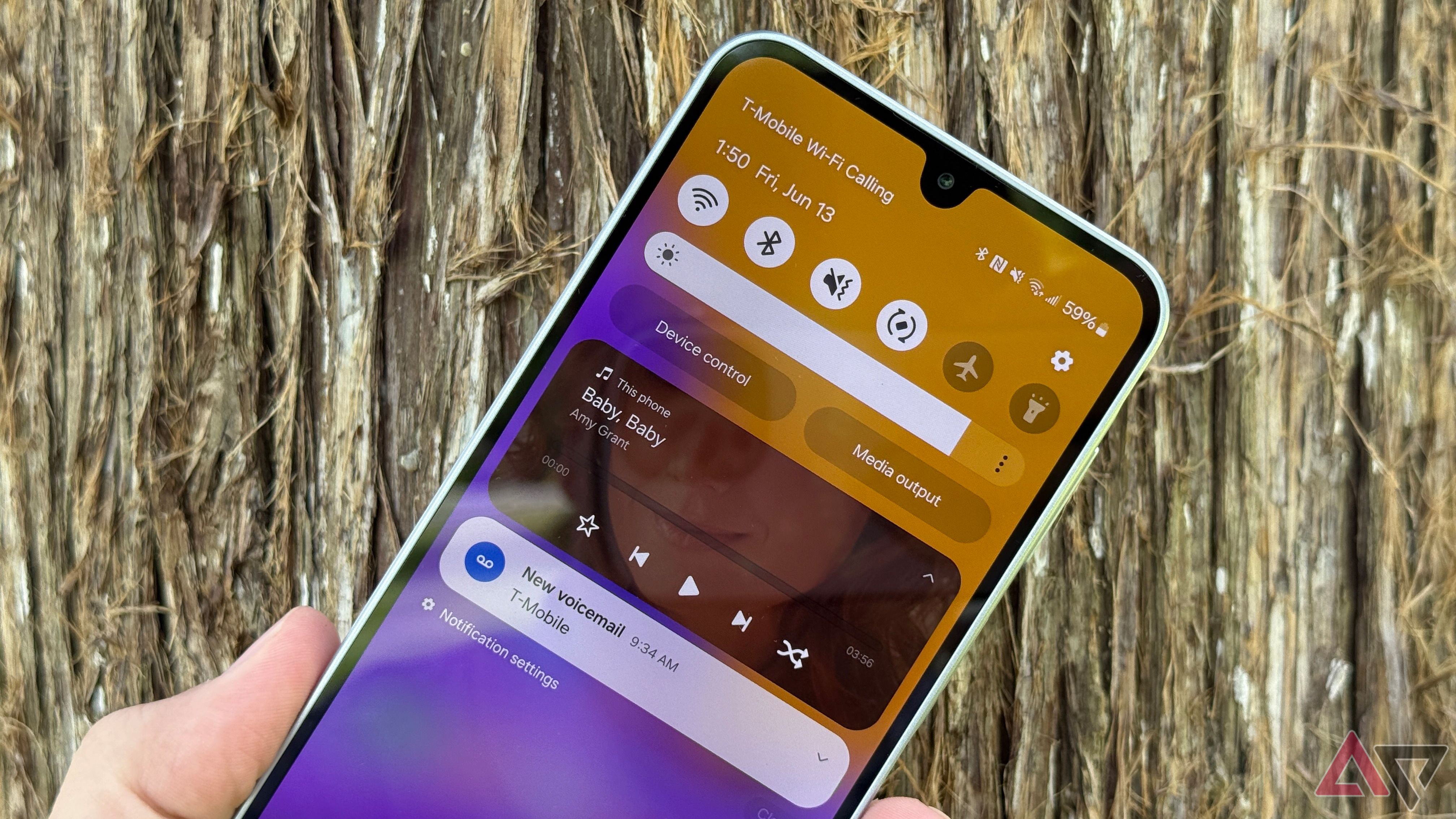 Samsung Galaxy A16 displaying Amy Grant on an Apple Music widget