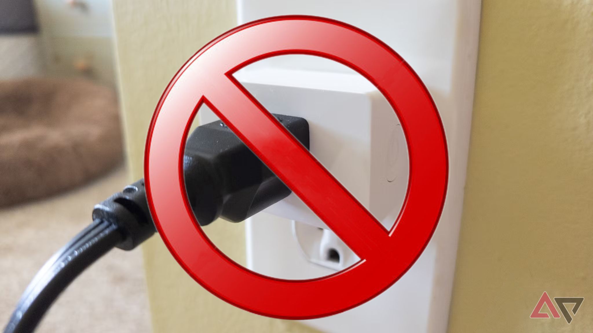 A Belkin Wemo smart plug with a crossed-out red circle overlaid.