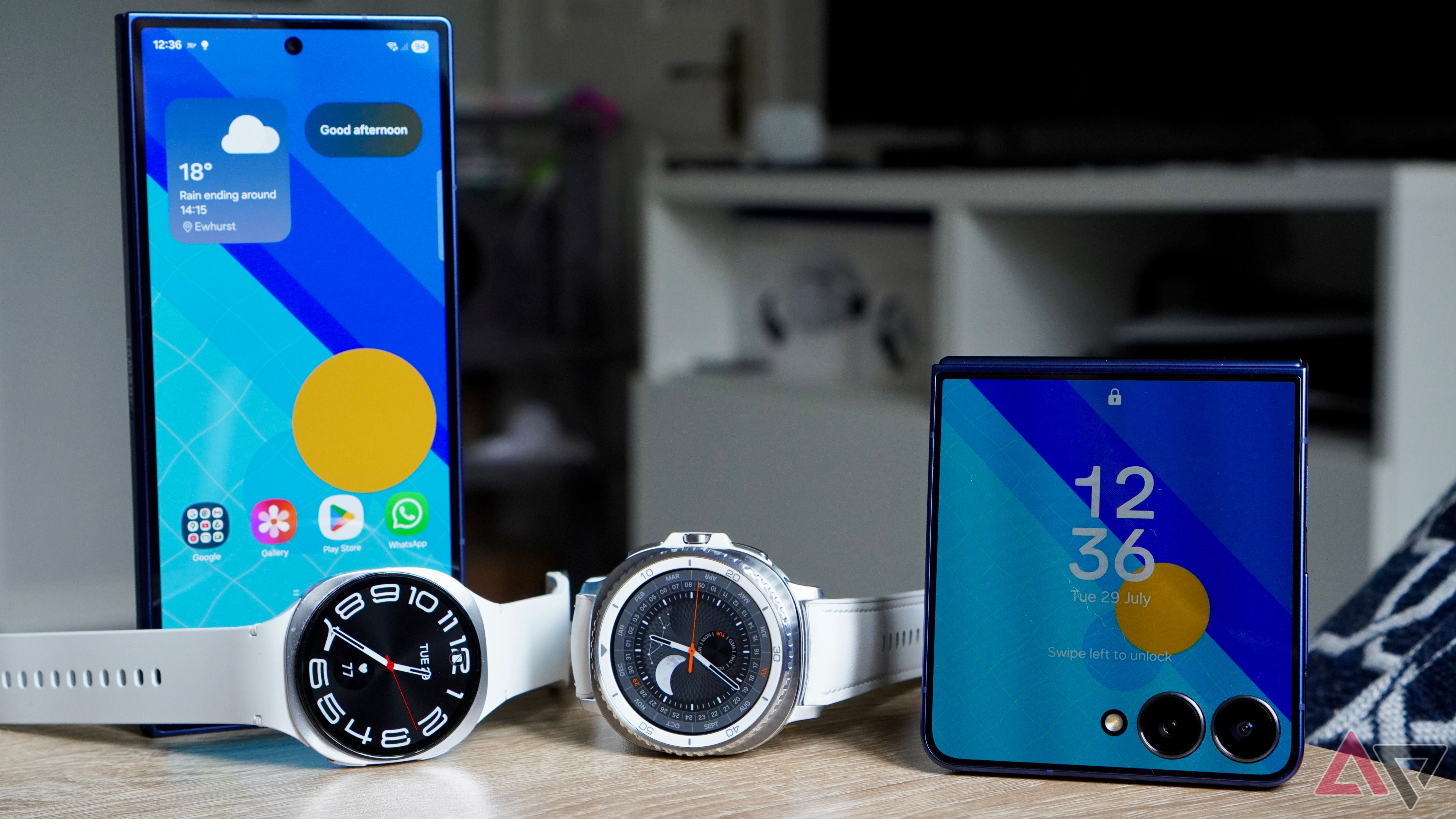 Samsung Galaxy Z Fold 7 (left), Galaxy Watch 8, Galaxy Watch 8 Classic, and Galaxy Z Flip 7