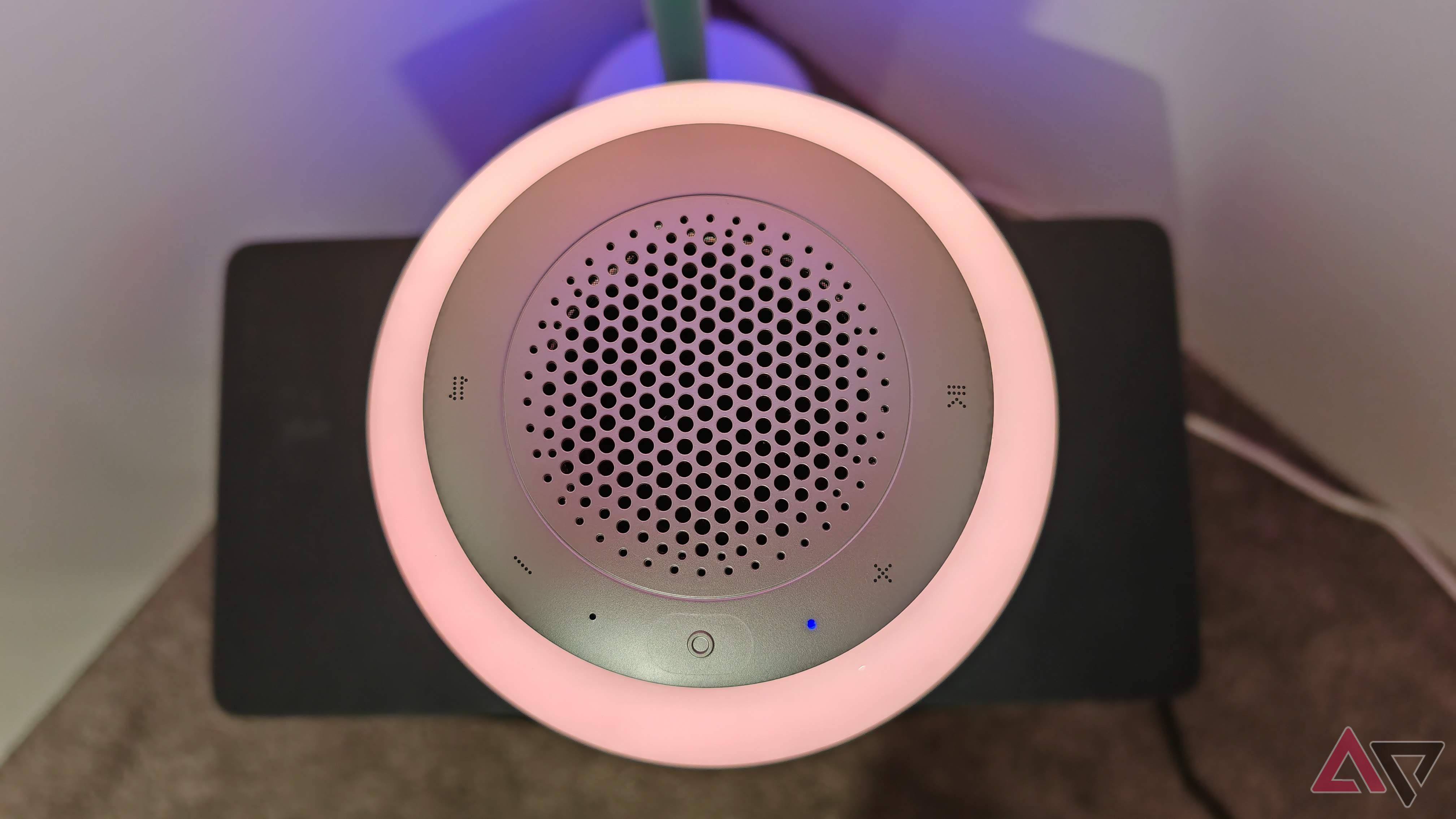 The top of the Govee Table Lamp 2 Pro x Sound by JBL showing the speaker, buttons, and microphone