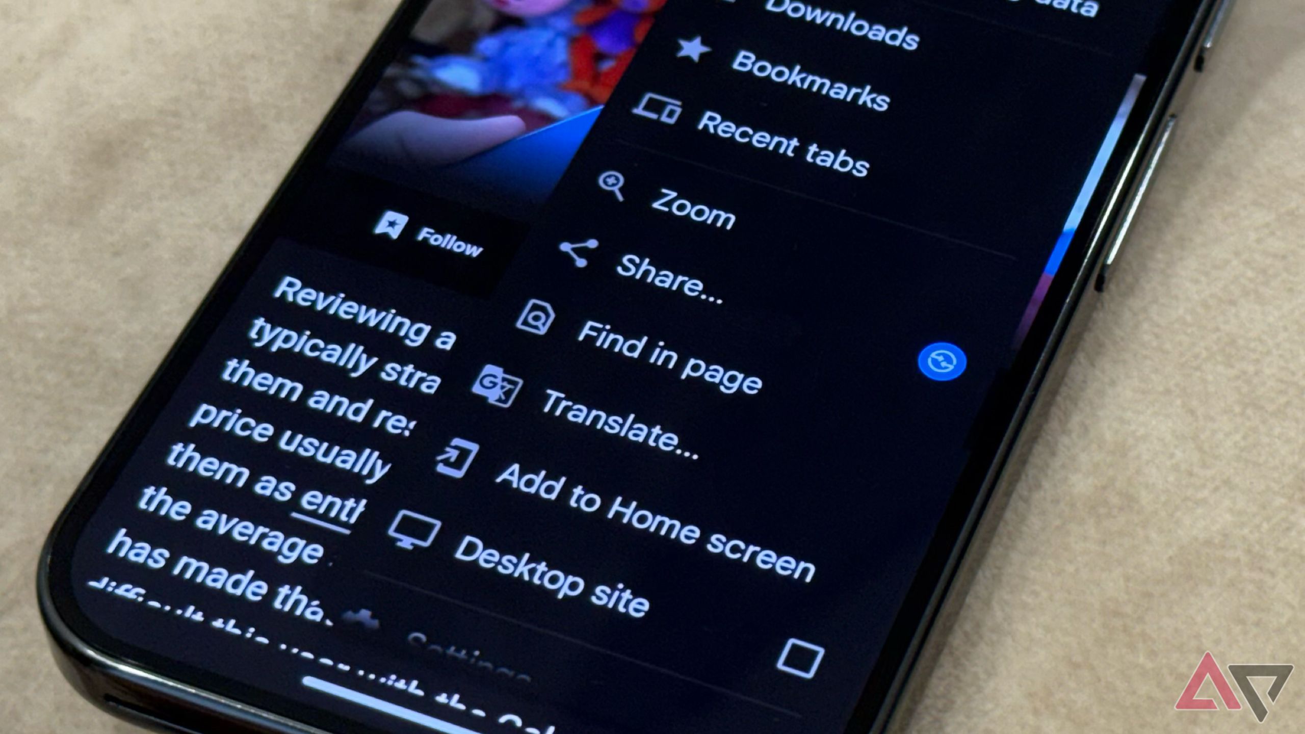 Google Chrome's menu with options like Find in page, Share, etc., on an Android phone