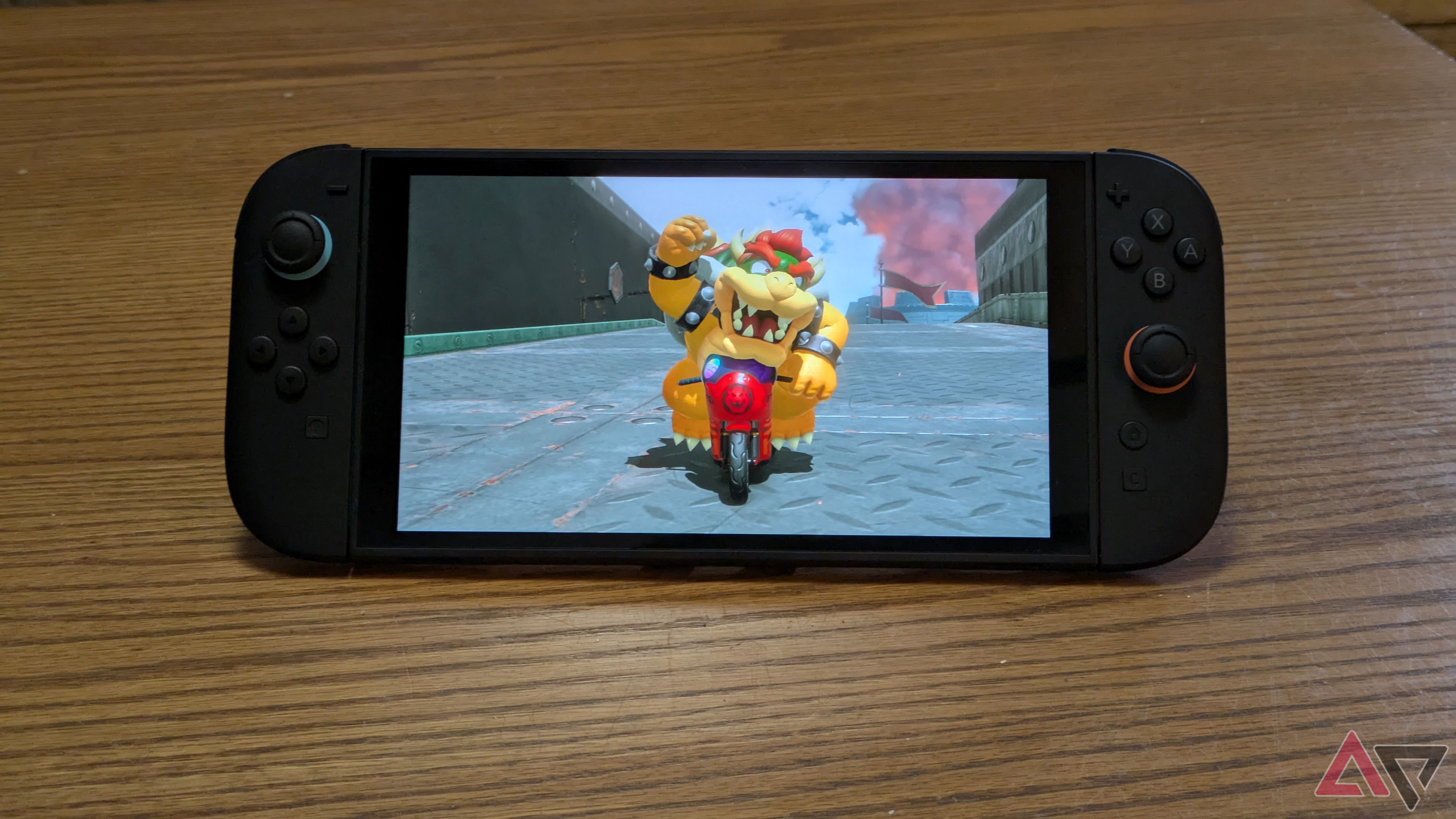 A Switch 2 in tabletop mode playing Mario Kart World