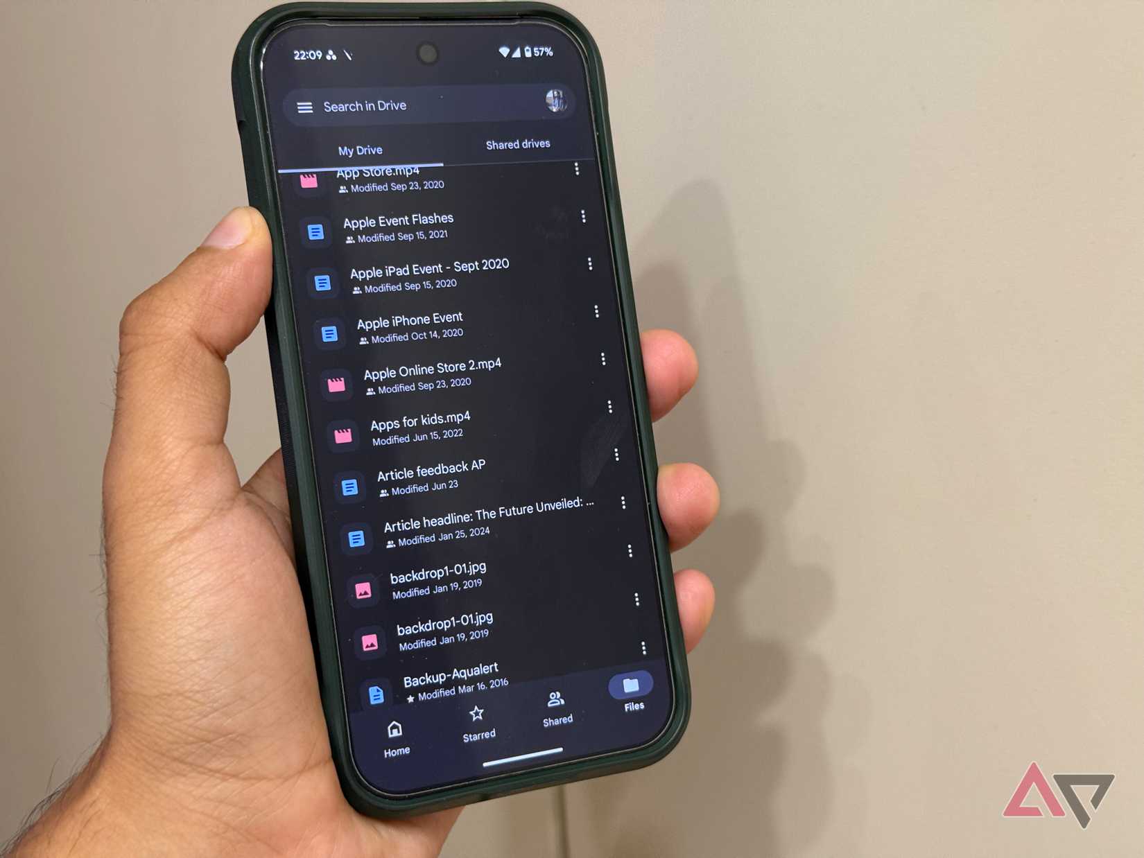 A phone showing a list of files in Google Drive