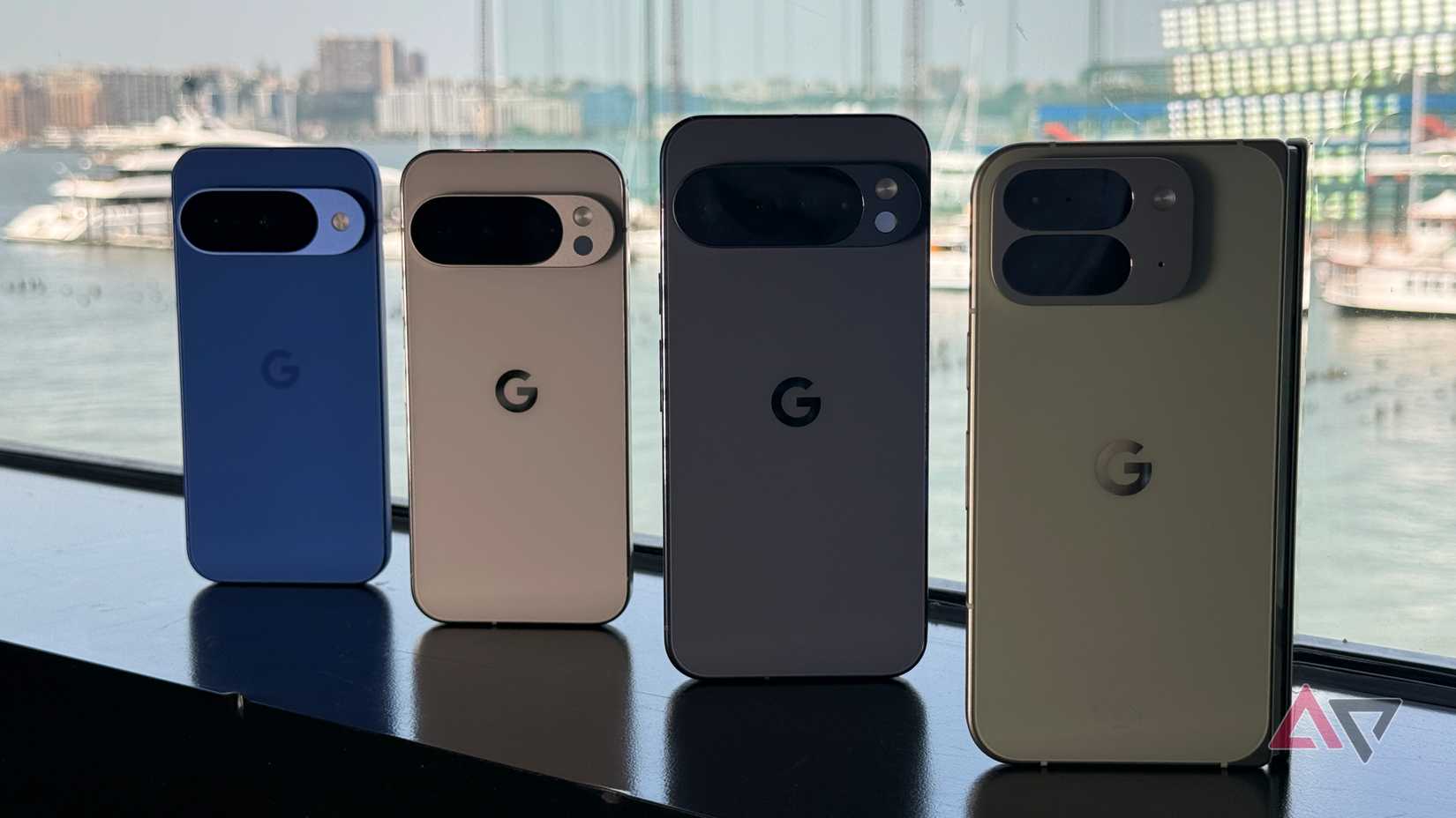 Google Pixel 10 lineup against the Hudson River