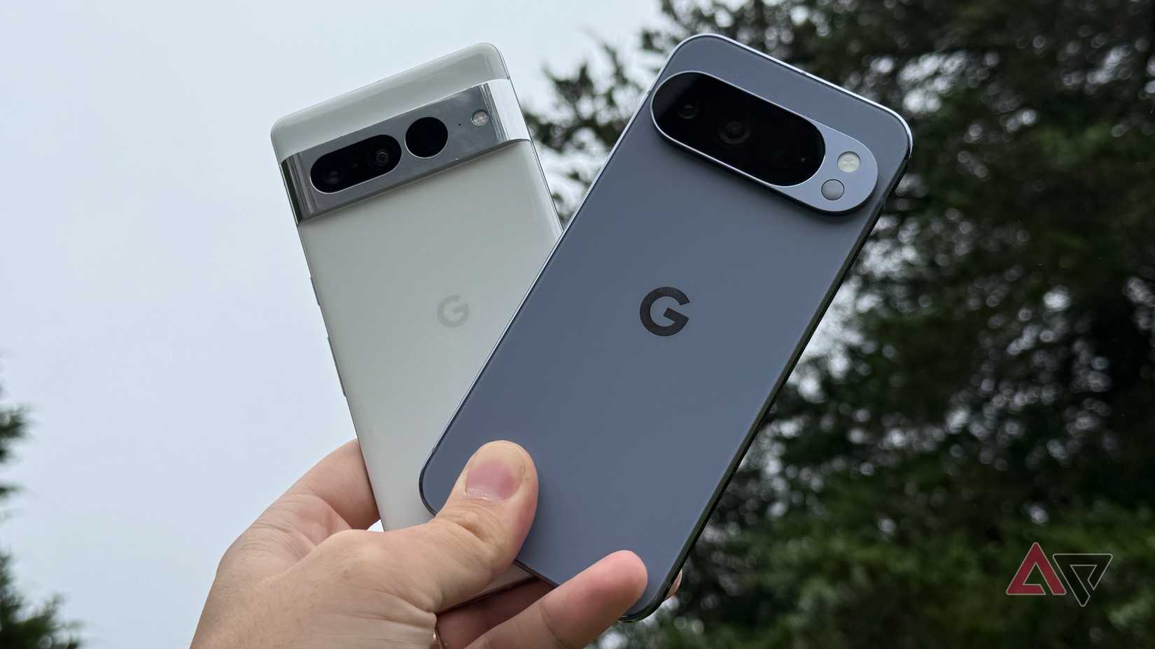 Google Pixel 10 Pro XL held up next to a Pixel 7 Pro