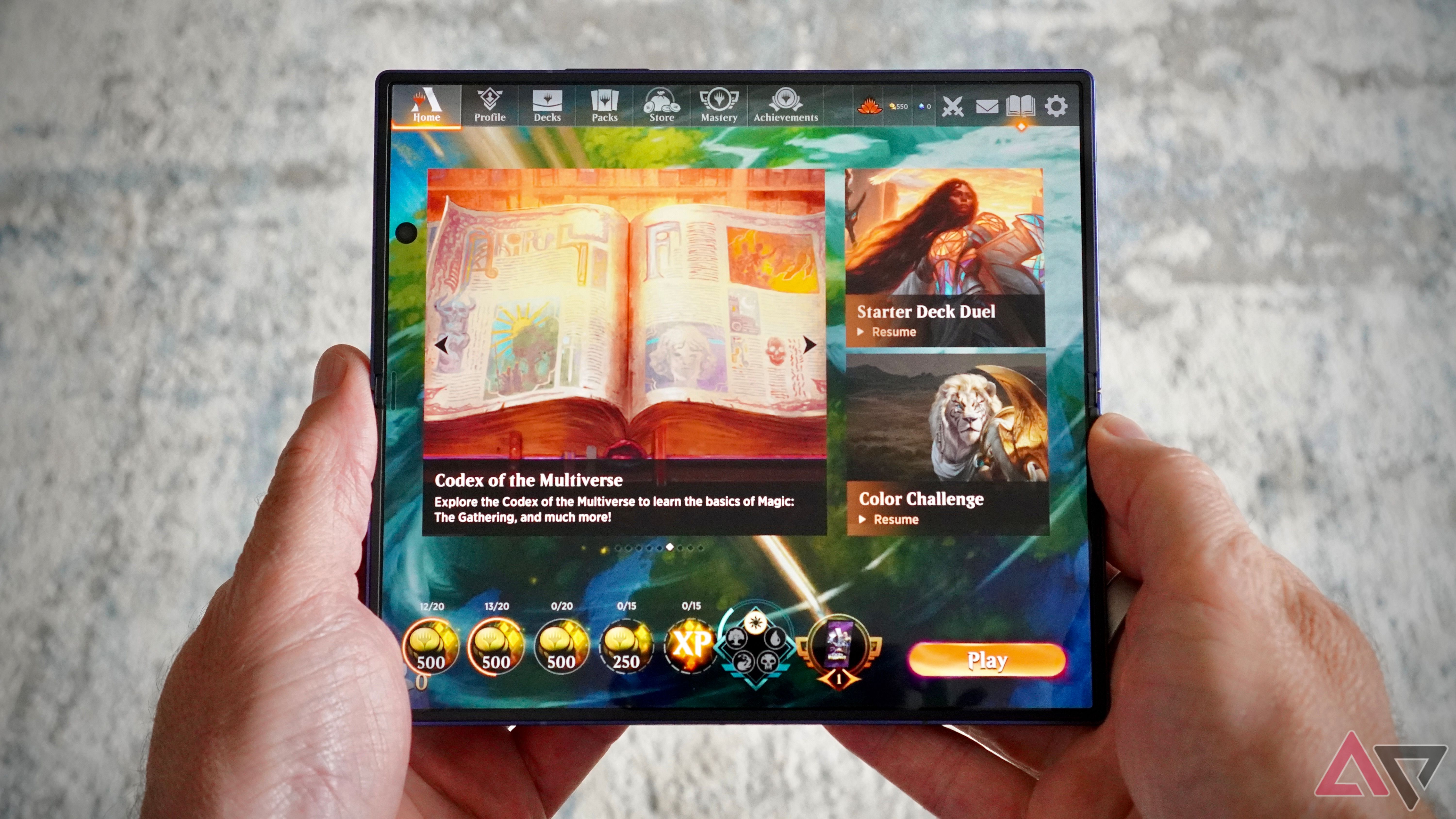 A person playing Magic: The Gathering Arena on the Samsung Galaxy Z Fold 7
