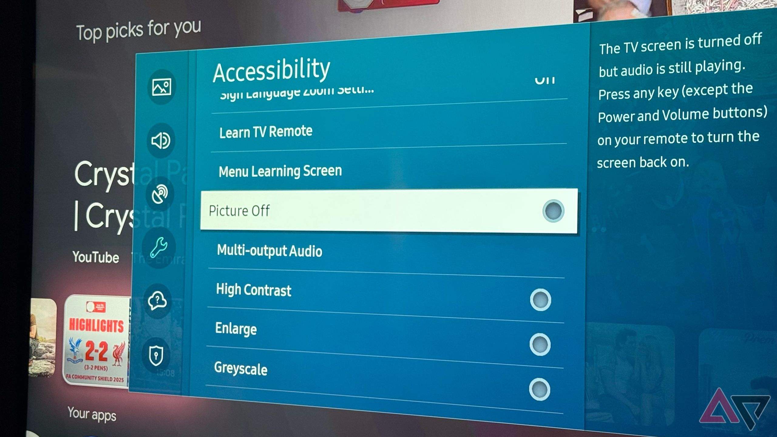 Modo Image-Off-Alleen-Audio em TVs inteligentes Samsung