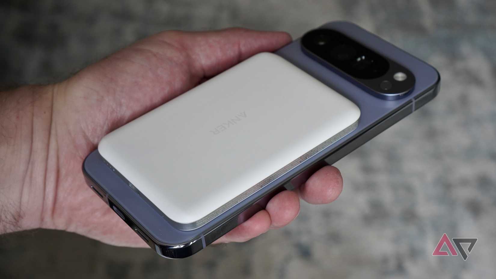 The Anker Nano power bank on the back of the Google Pixel 10 Pro XL
