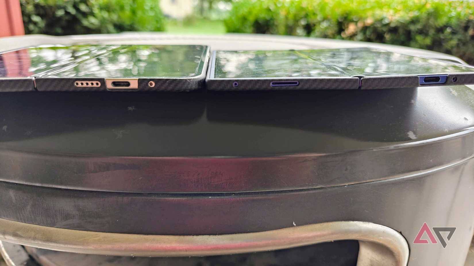 Samsung Galaxy Z Fold 7 and Google Pixel 9 Pro Fold  open  showing the ends