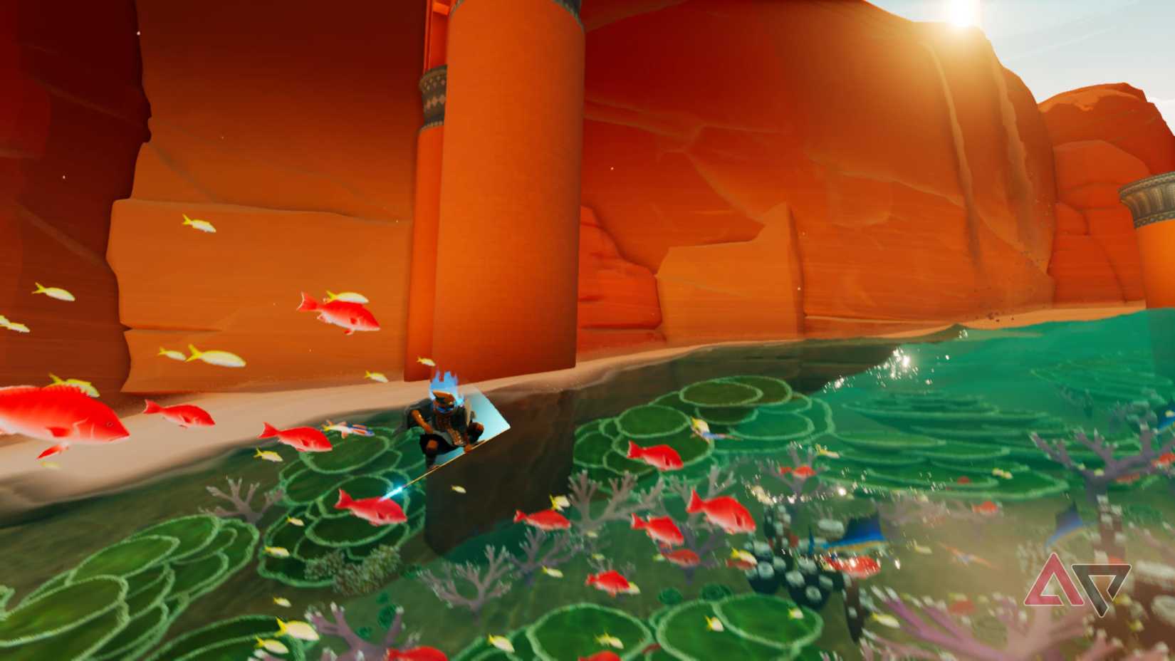 I ride my hoversword next to fish in Sword of the Sea