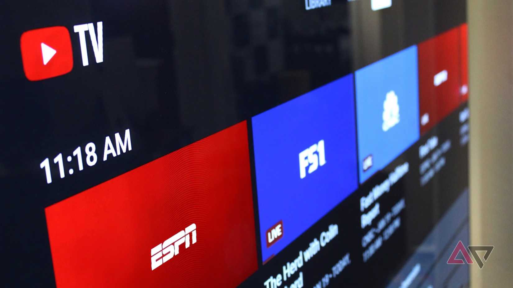 A picture of YouTube TV running on a TV showing ESPN and FS1 channels