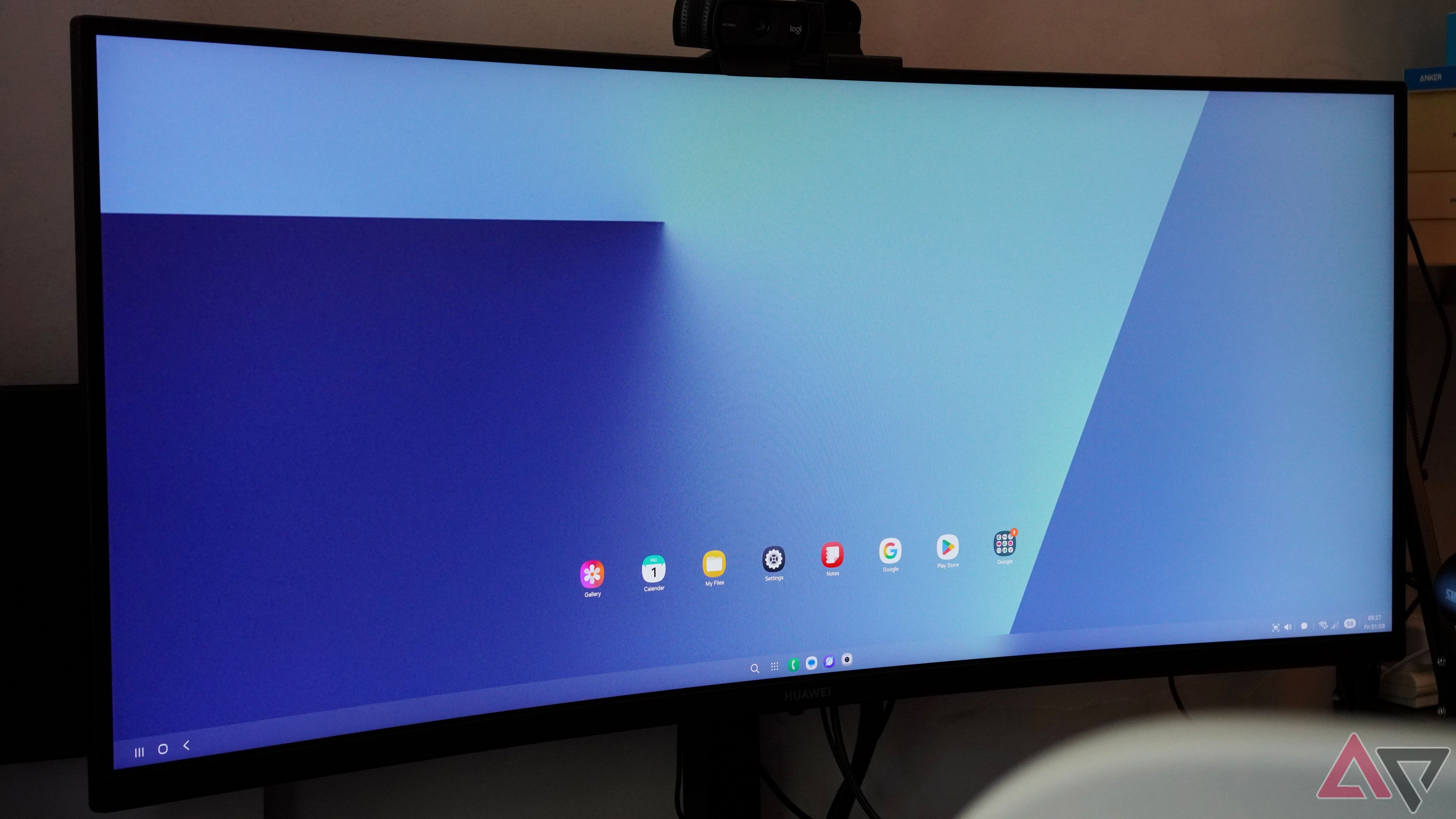 Samsung DeX running on a monitor through the Galaxy Z Fold 7 at 3440 x 1440 pixels